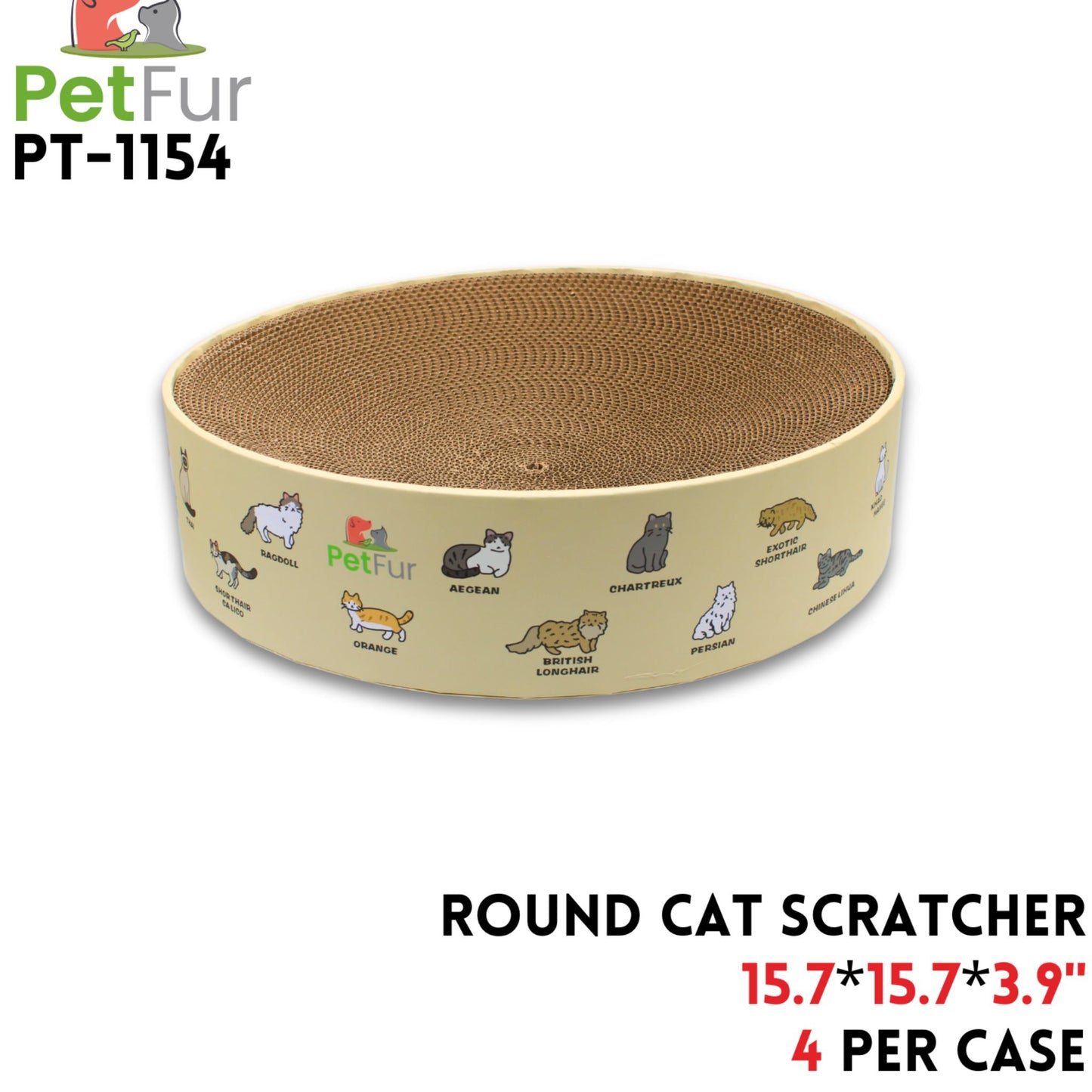 Round cat scratcher with Pet Fur branding on a white background