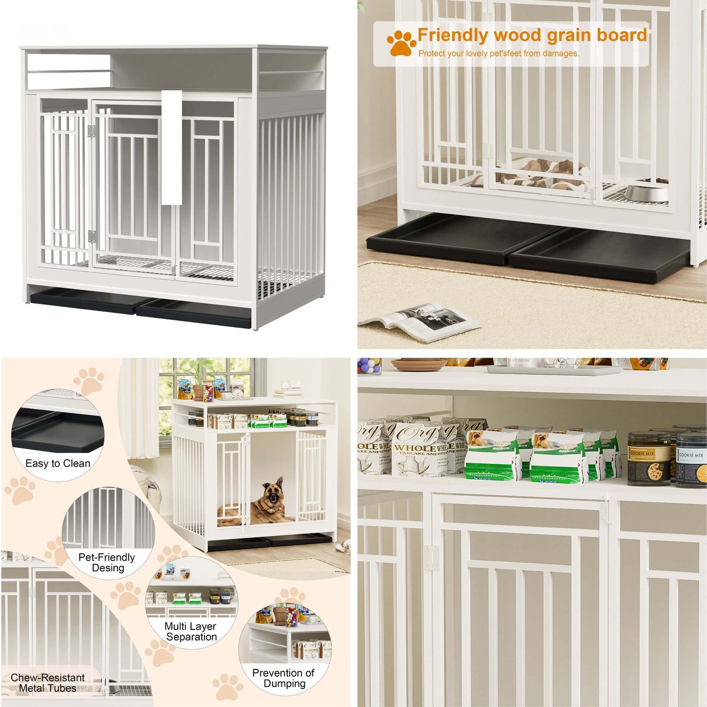 Collage of a white pet crate with features highlighted, including a black mat and pet food on a shelf.