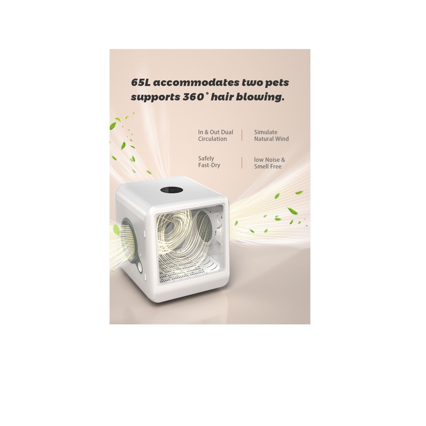 White pet dryer with text on a beige background