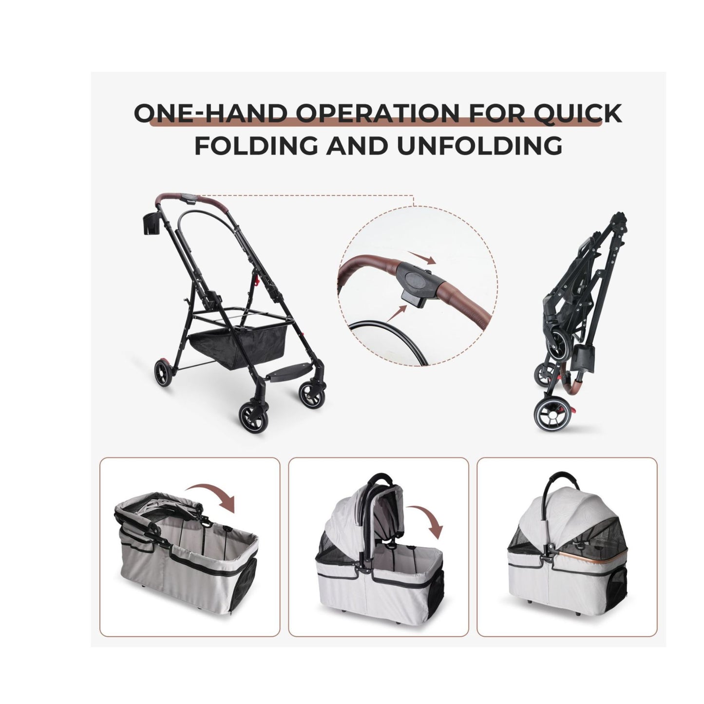 4-Wheel Foldable Pet Stroller for Small Dogs & Cats - 360° Wheels & Detachable Carrier
