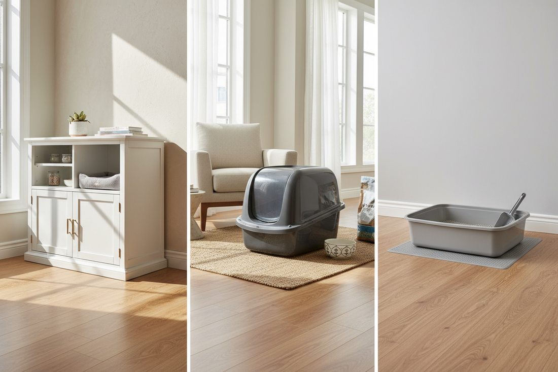 2026 cat litter box comparison - premium hidden furniture cabinet vs hooded box vs traditional plastic pan in modern home setting