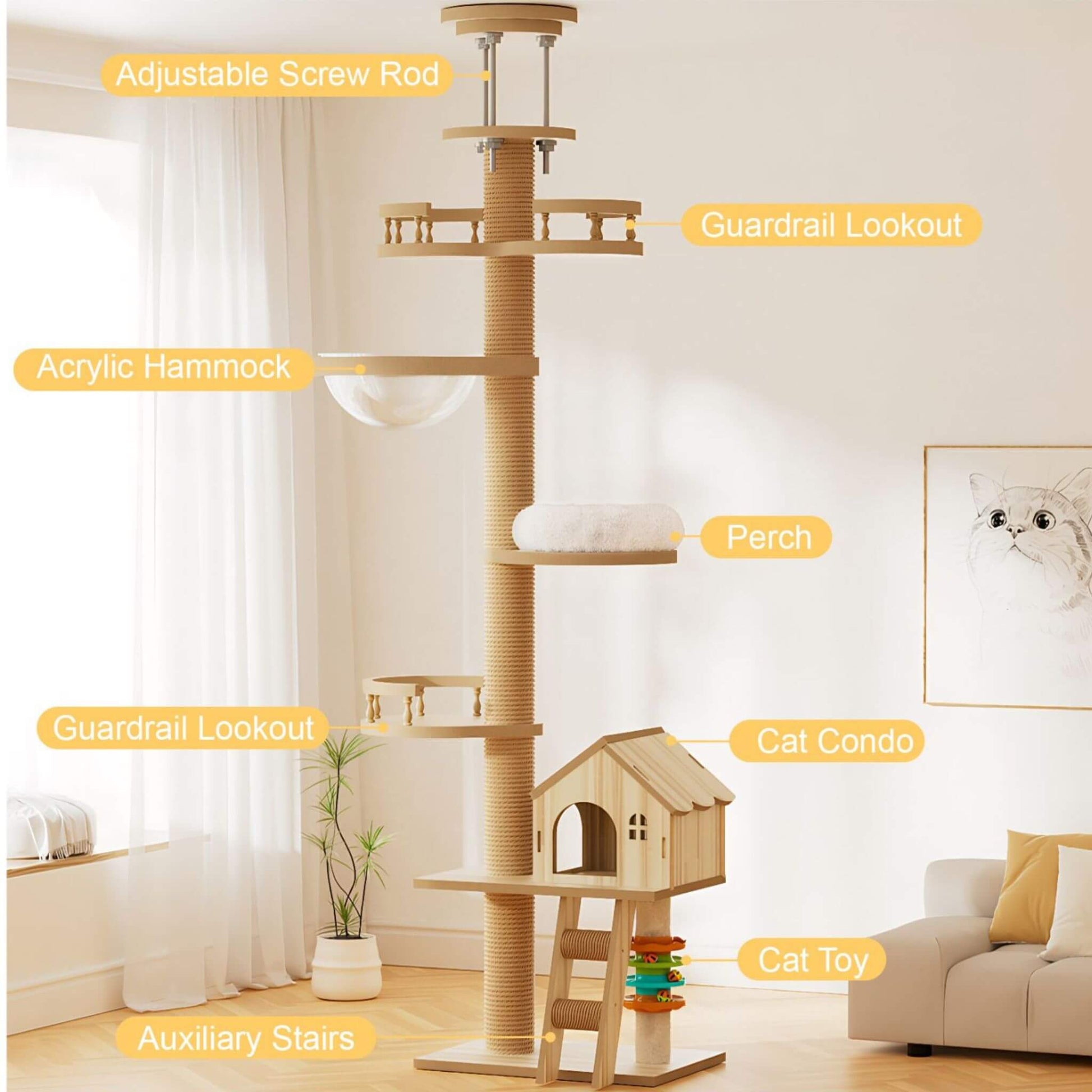 Cat tree with various features labeled in a room setting