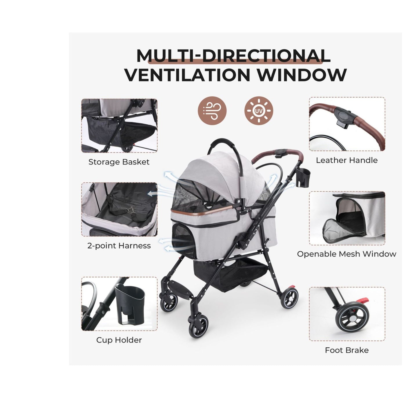 4-Wheel Foldable Pet Stroller for Small Dogs & Cats - 360° Wheels & Detachable Carrier
