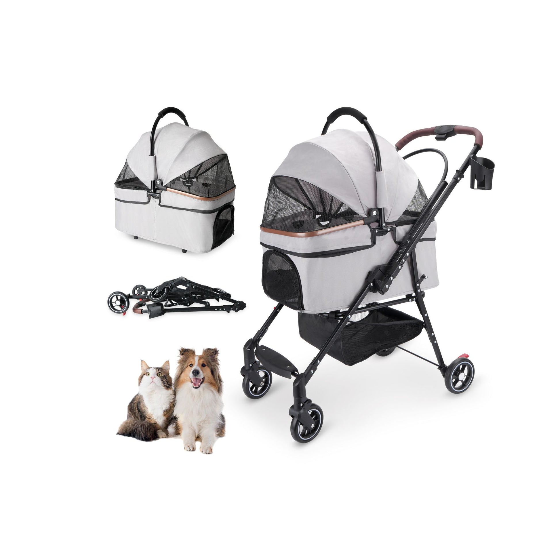 Pet stroller with accessories on a white background