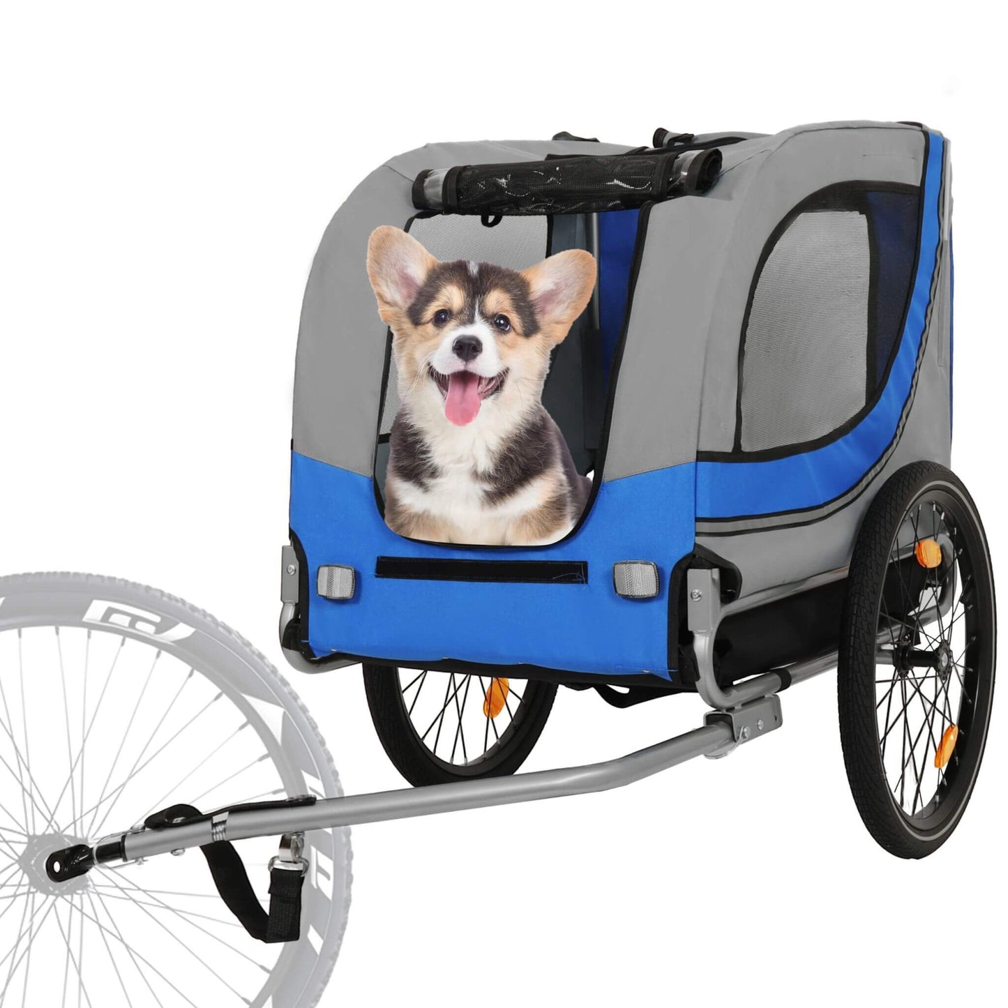 Blue and gray pet bike trailer with a dog inside on a white background