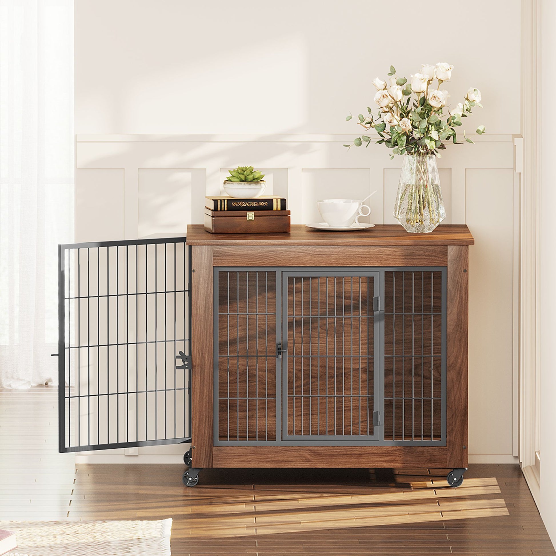Wooden pet crate with wire doors in a home setting