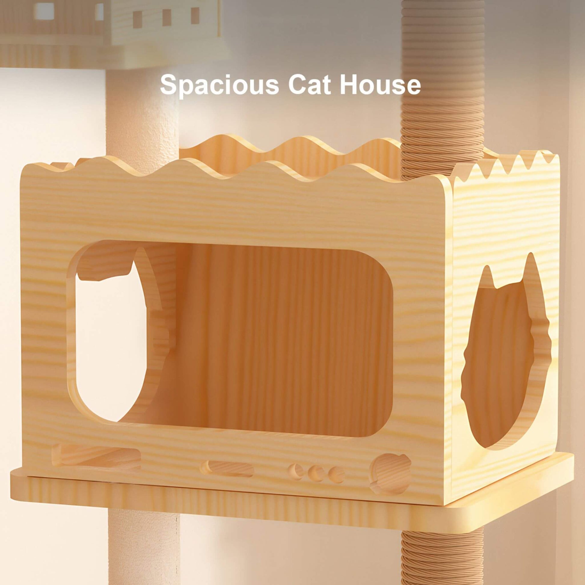 Wooden cat house with a platform and vertical post, labeled 'Spacious Cat House'.