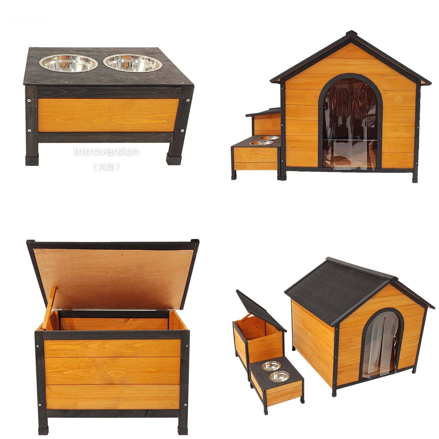 Collection of wooden pet furniture including a dog house, feeding station, and storage box on a white background.