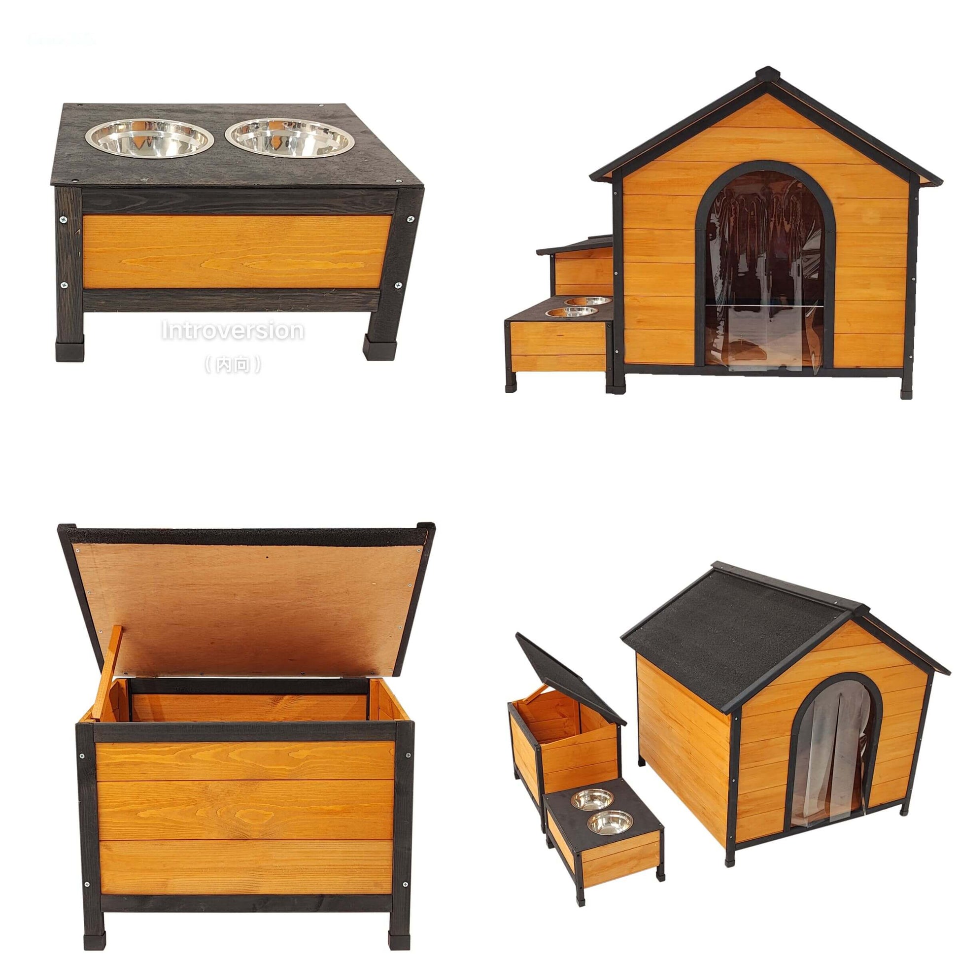 Collection of wooden pet furniture including a dog house, feeding station, and storage box on a white background.