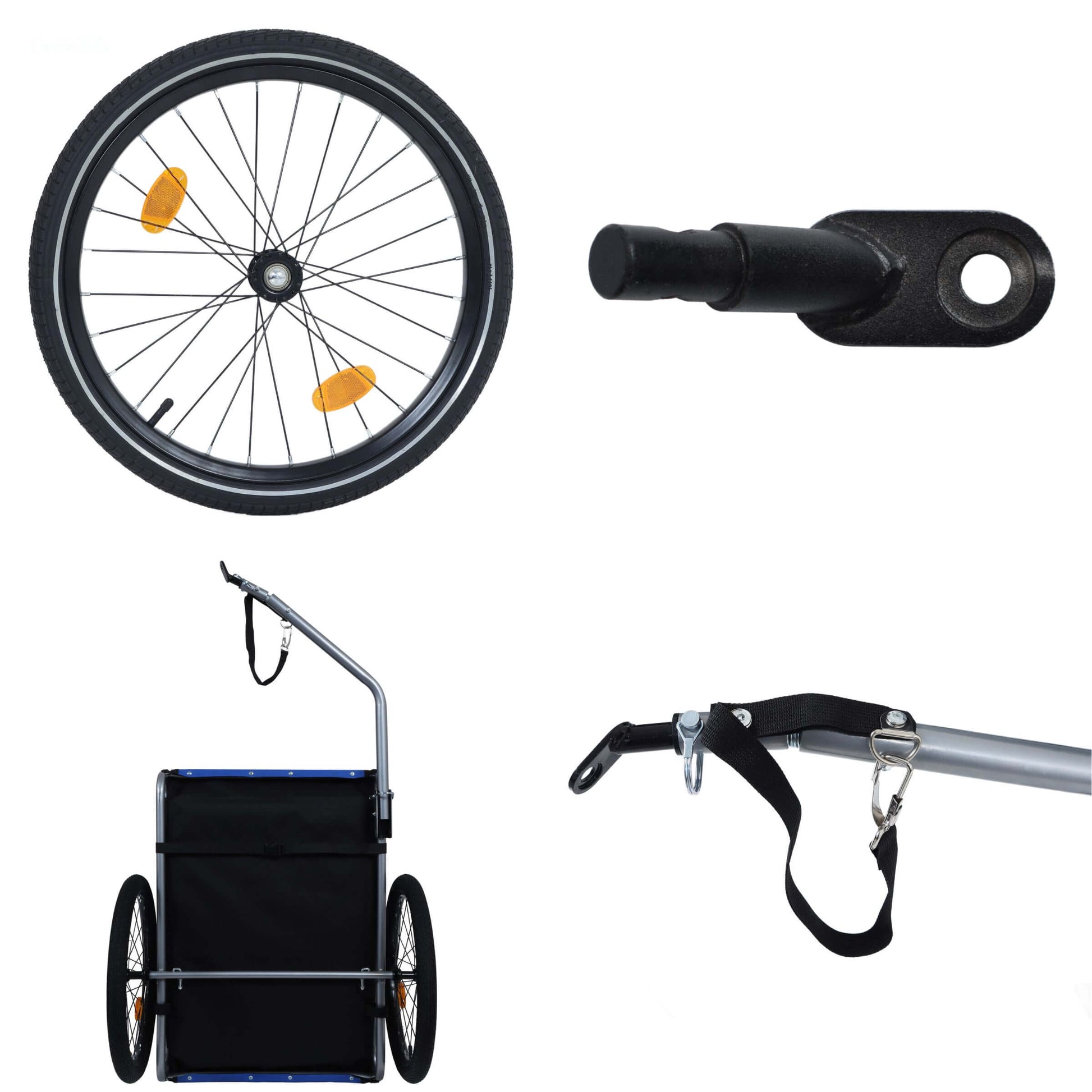 Collection of bicycle accessories including a wheel, handlebar, and trailer on a white background