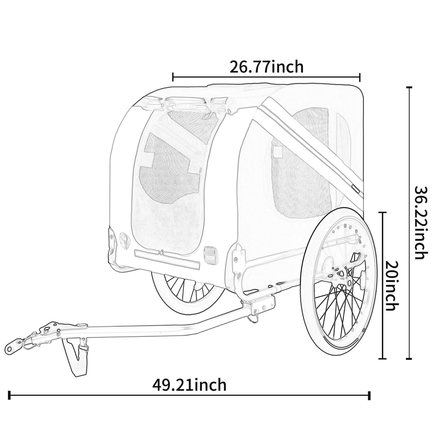 Measurement chart of a bicycle trailer with dimensions labeled.