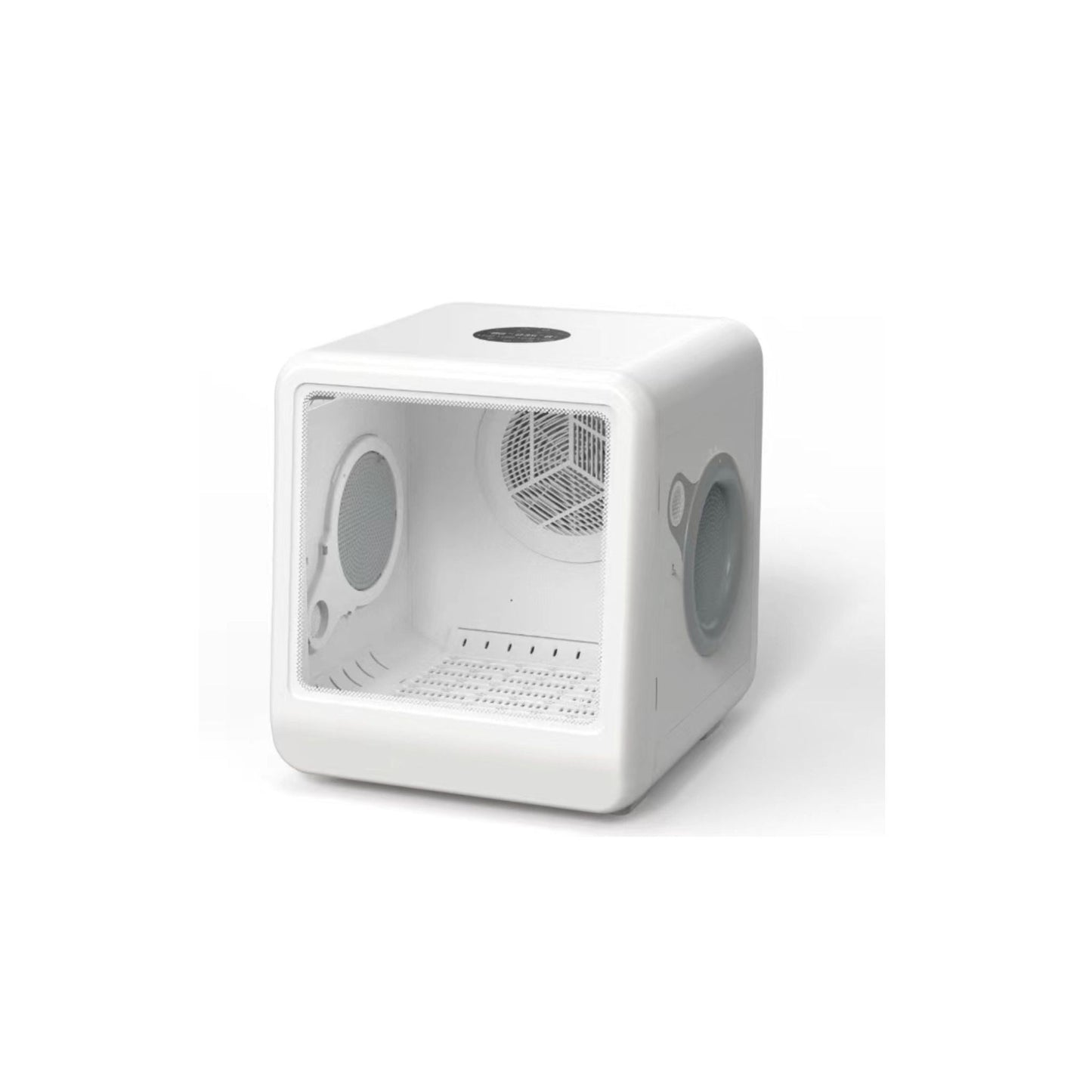White cube-shaped electronic device on a white background