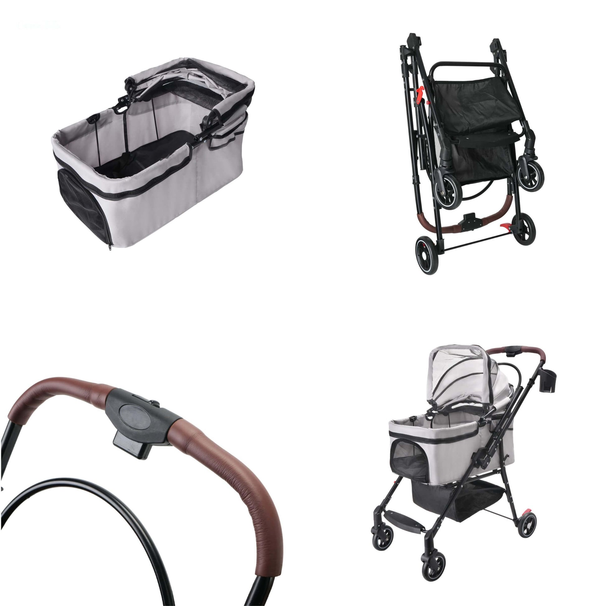 Collection of pet strollers and carriers on a white background