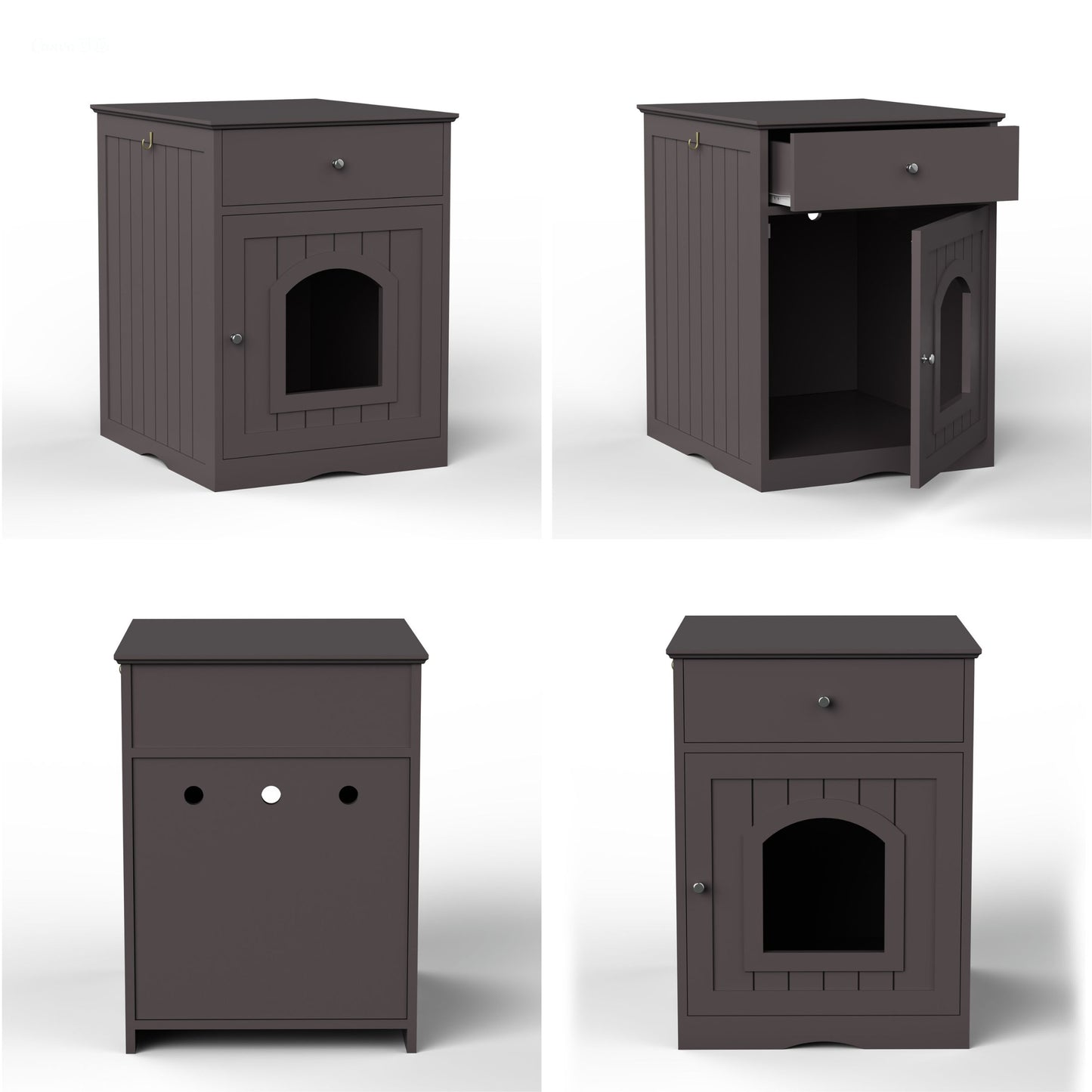  Dark brown wooden cabinet with a drawer and a cat door on a white background