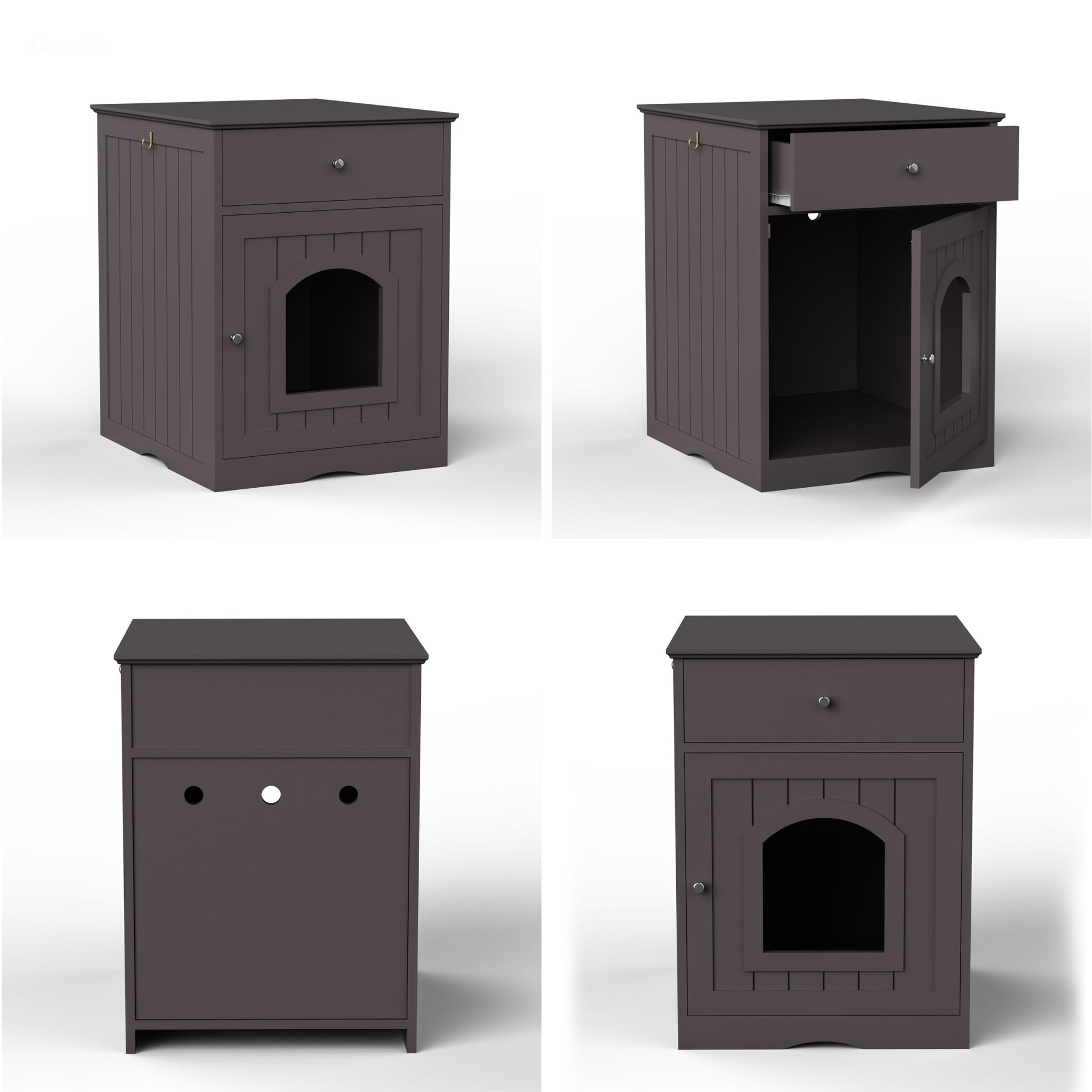  Dark brown wooden cabinet with a drawer and a cat door on a white background