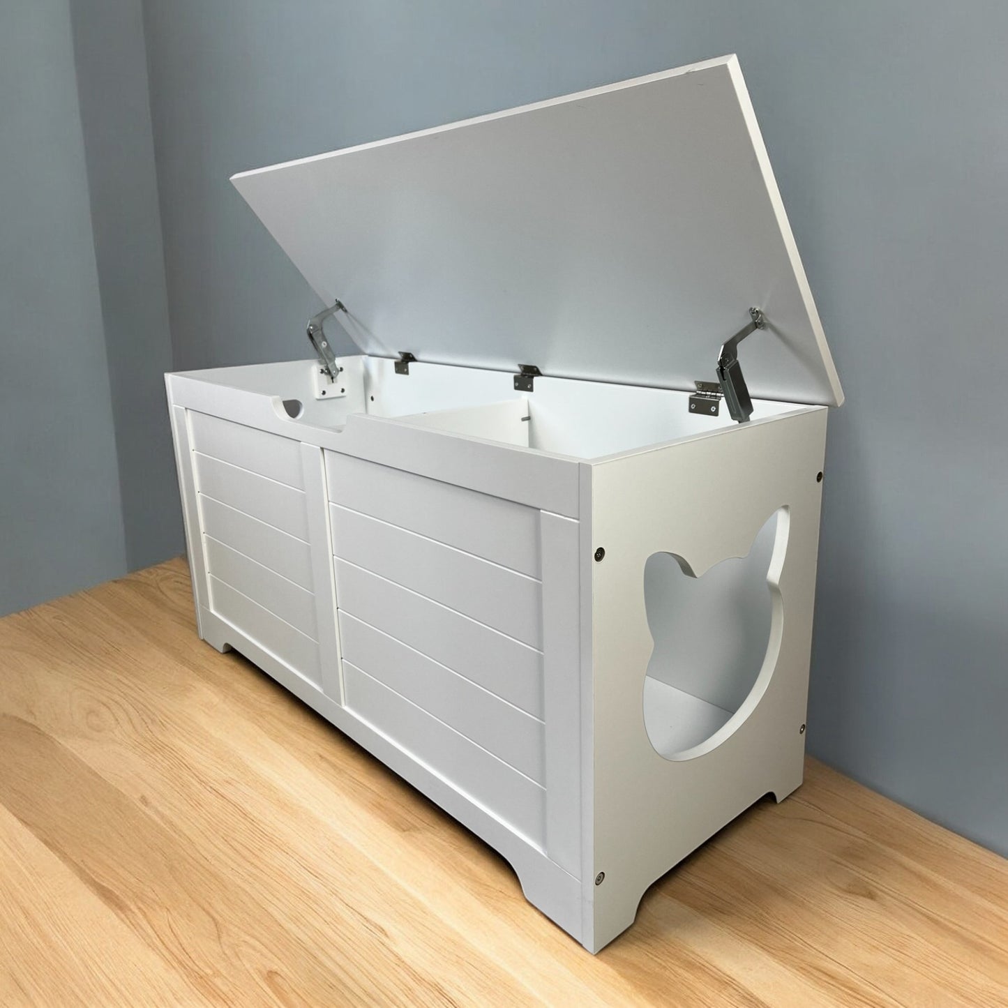 Side view of cream white hidden cat litter box furniture with sleek minimalist design
