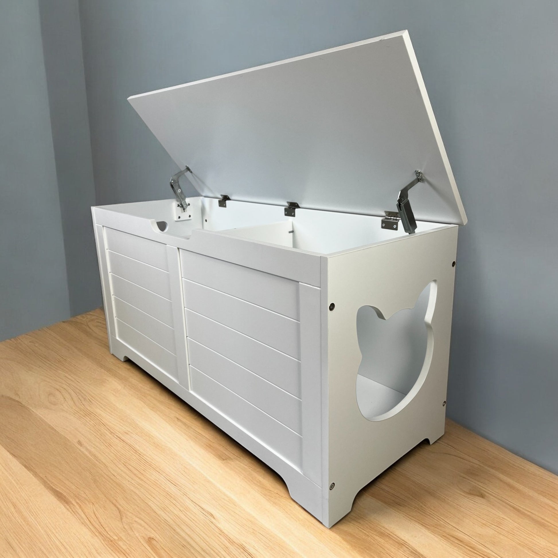 Side view of cream white hidden cat litter box furniture with sleek minimalist design
