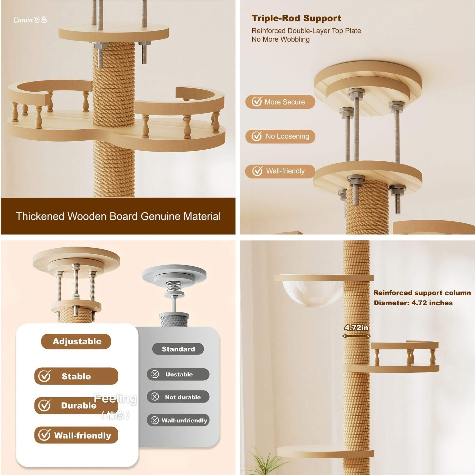 Collage of a cat tree with features highlighted on a white background