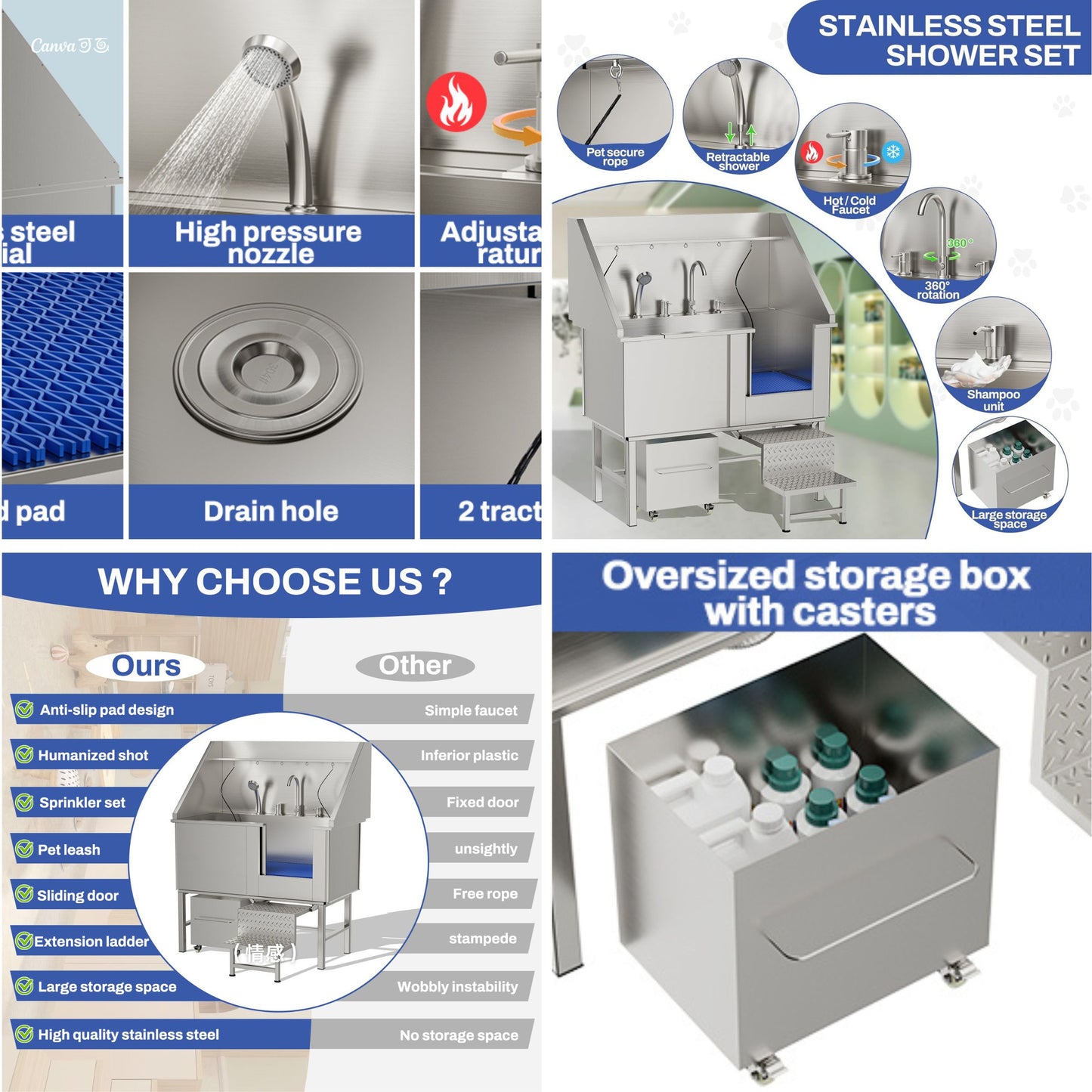 Stainless steel shower set with various components and features highlighted.