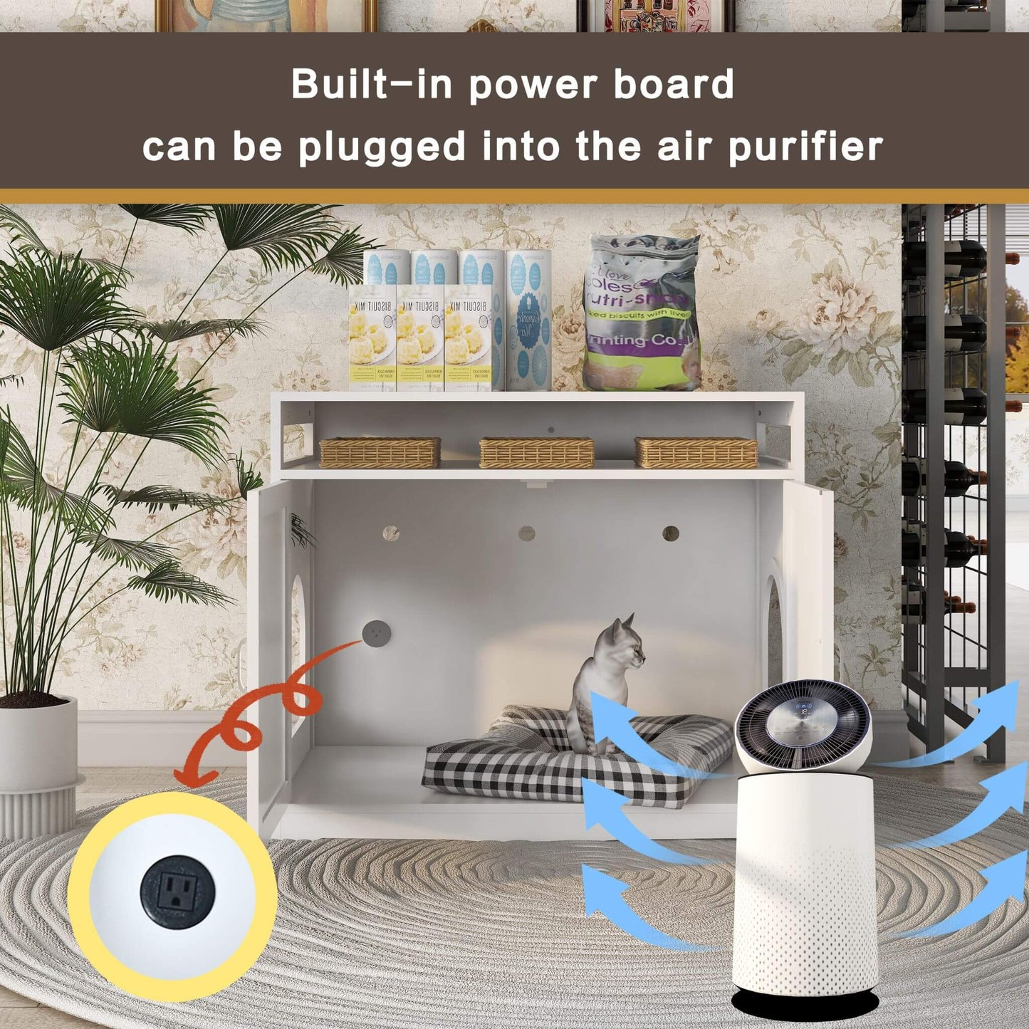 Air purifier with a built-in power board for plugging into the device, shown in a room setting.