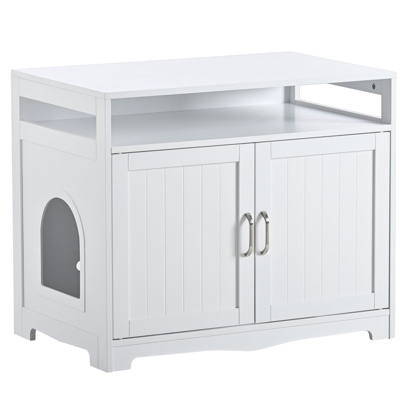 White pet enclosure with doors on a white background