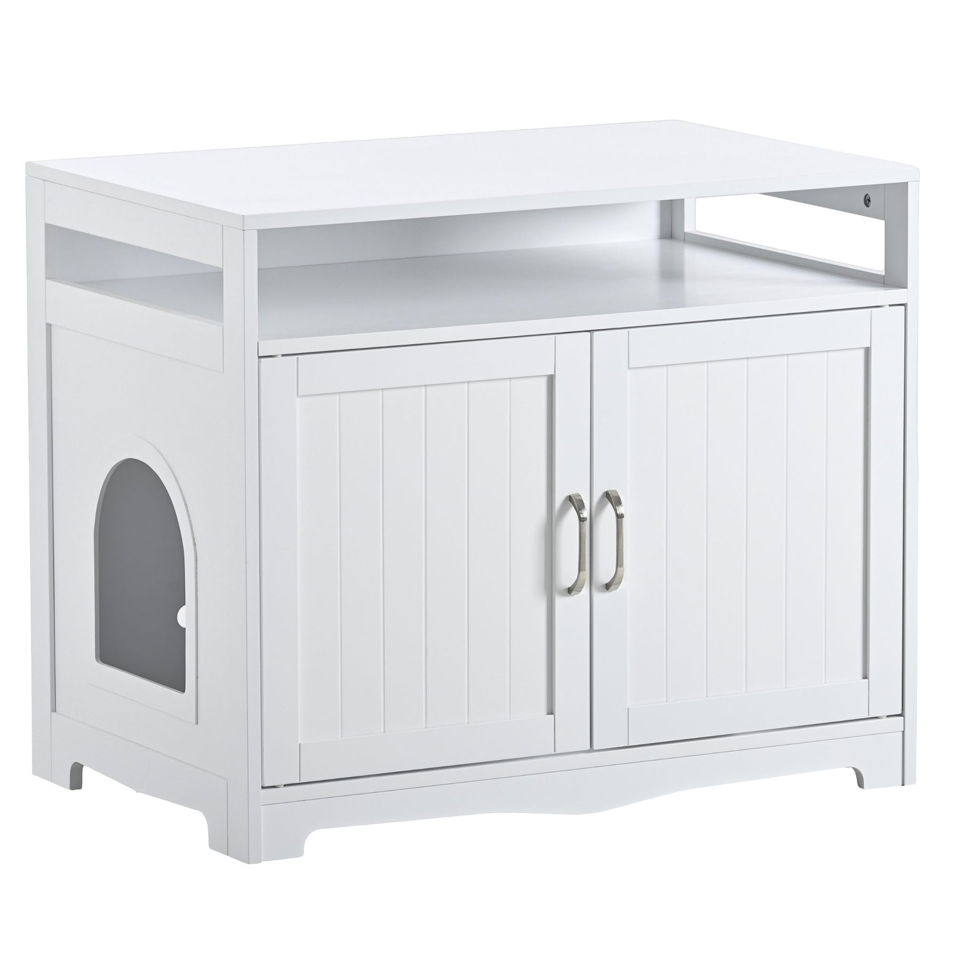 White pet enclosure with doors on a white background