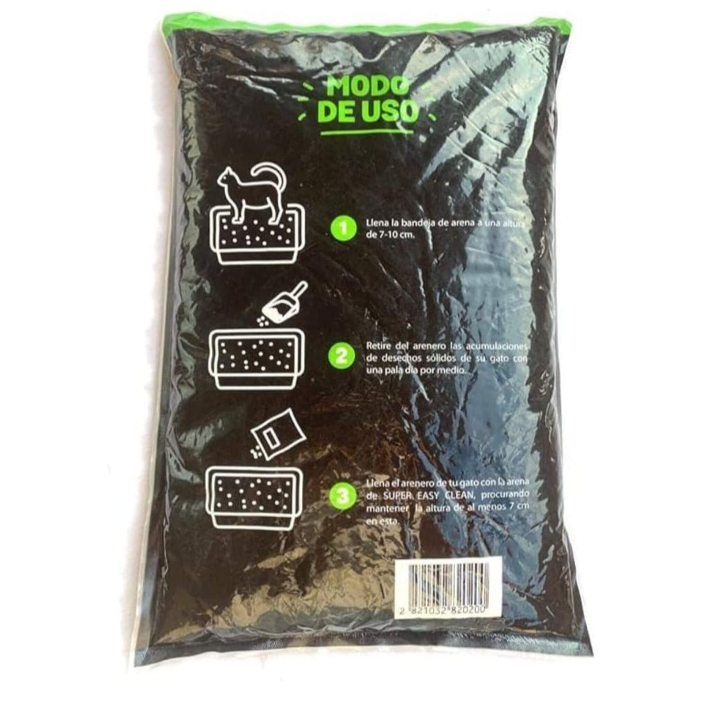 Black bag of cat litter with green and white text and icons on a white background