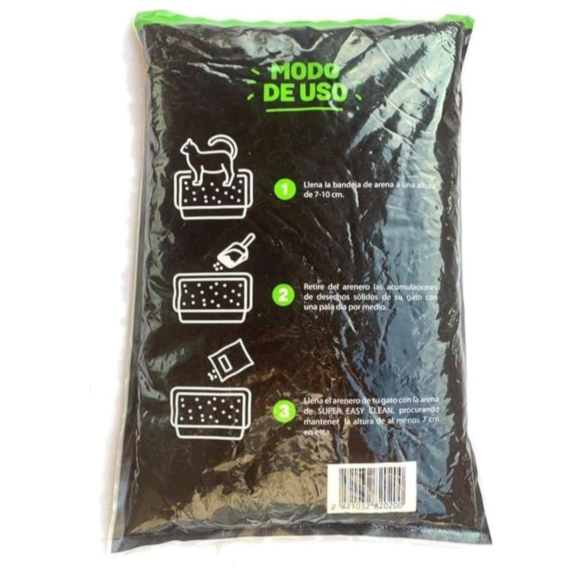 Black bag of cat litter with green and white text and icons on a white background
