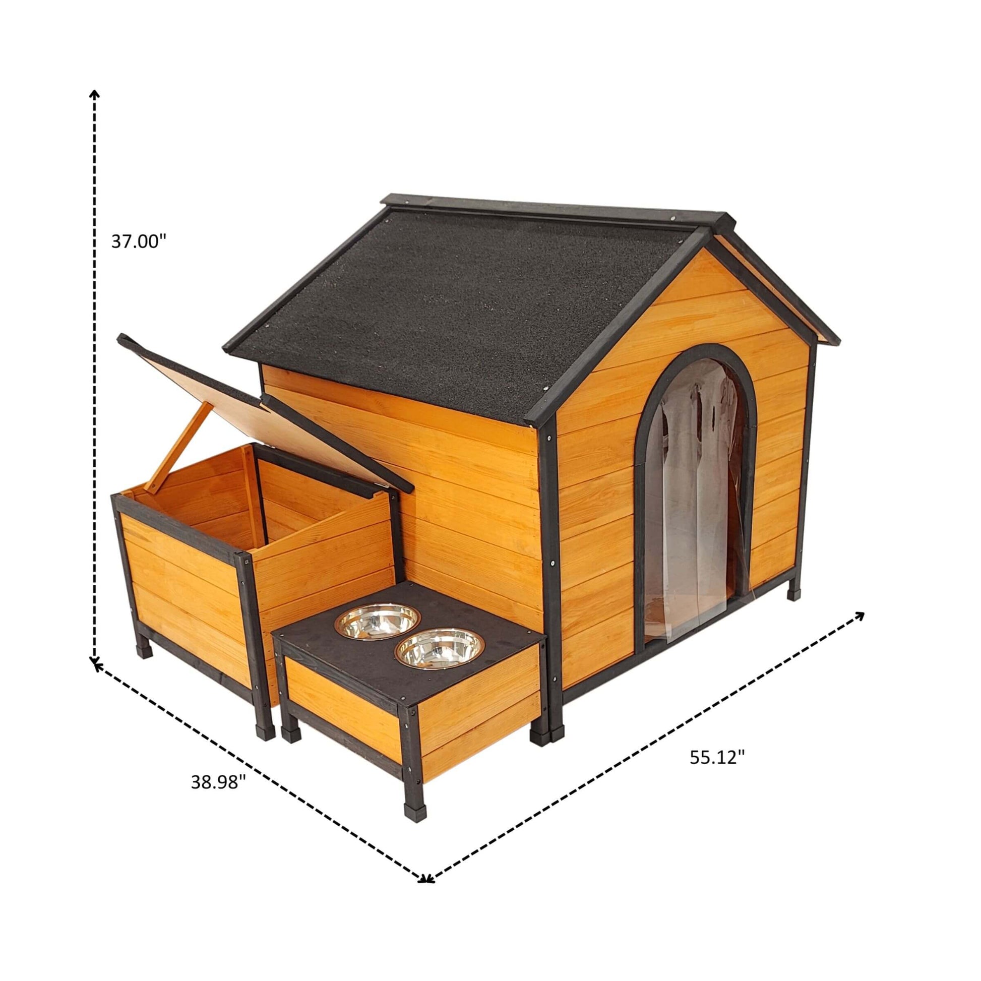 Wooden pet house with elevated feeding station and dimensions on a white background
