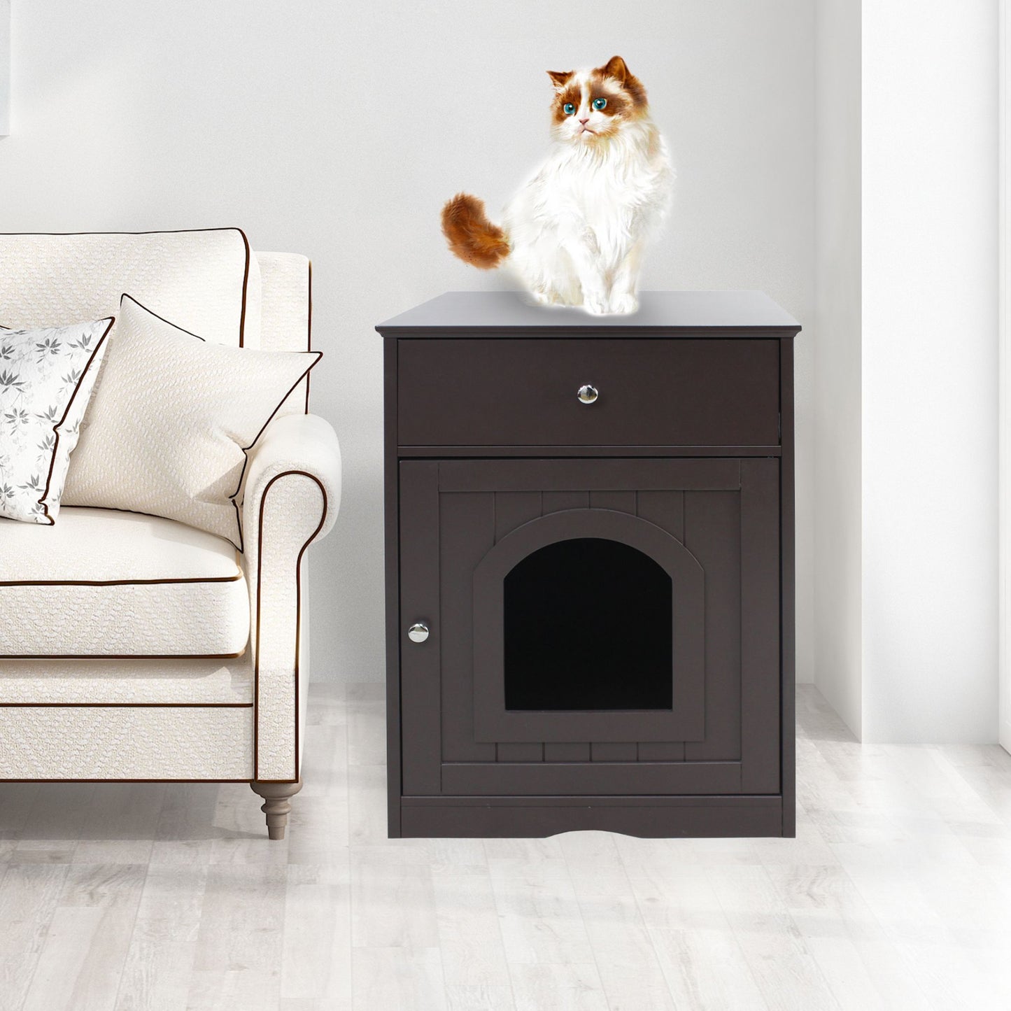 Wooden Cat Litter Box Enclosure for Large Cats - Brown Hidden Cabinet with Storage Drawer