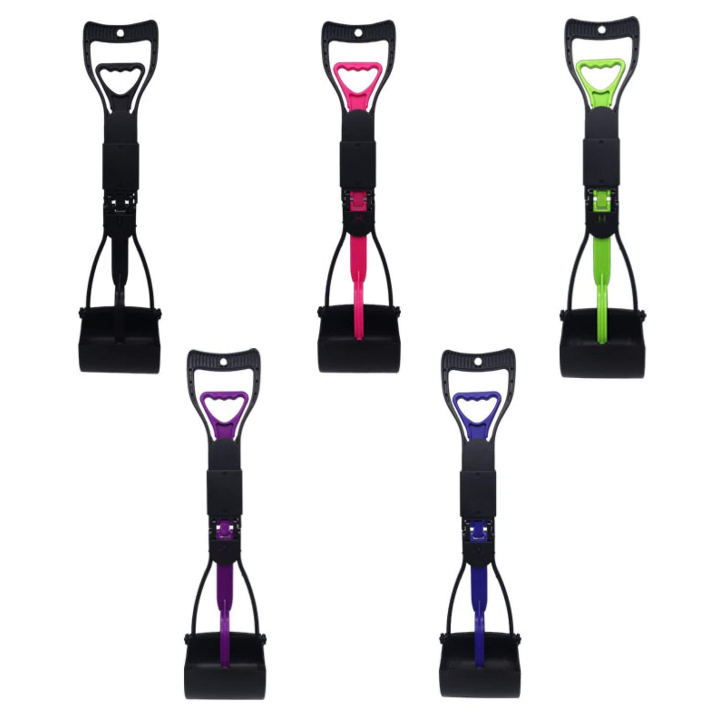Set of five sand shovels with colorful handles on a white background