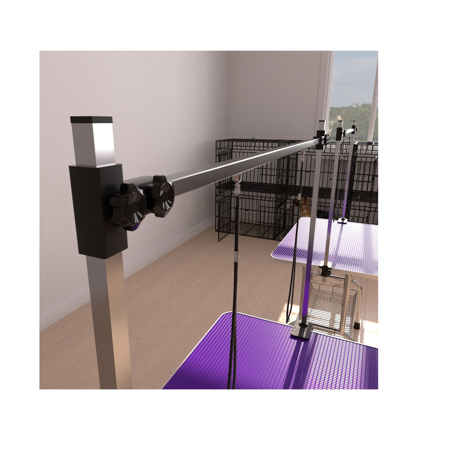 Long metal rod with a black base on a white background