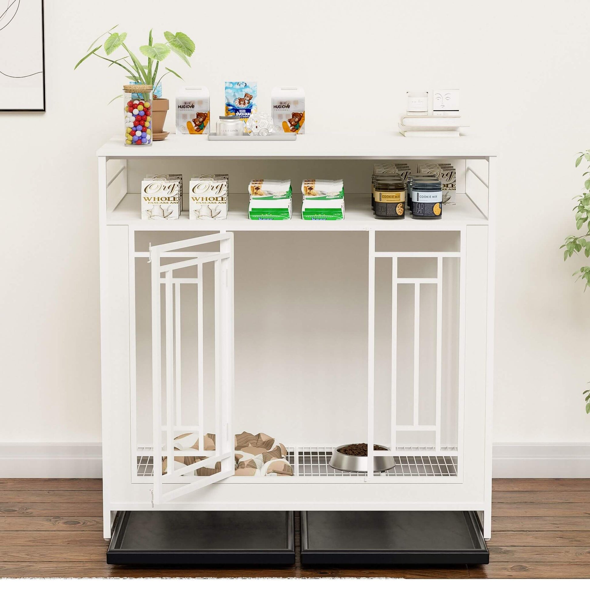 Pet cage with accessories on a white shelf in a room with plants and decor.