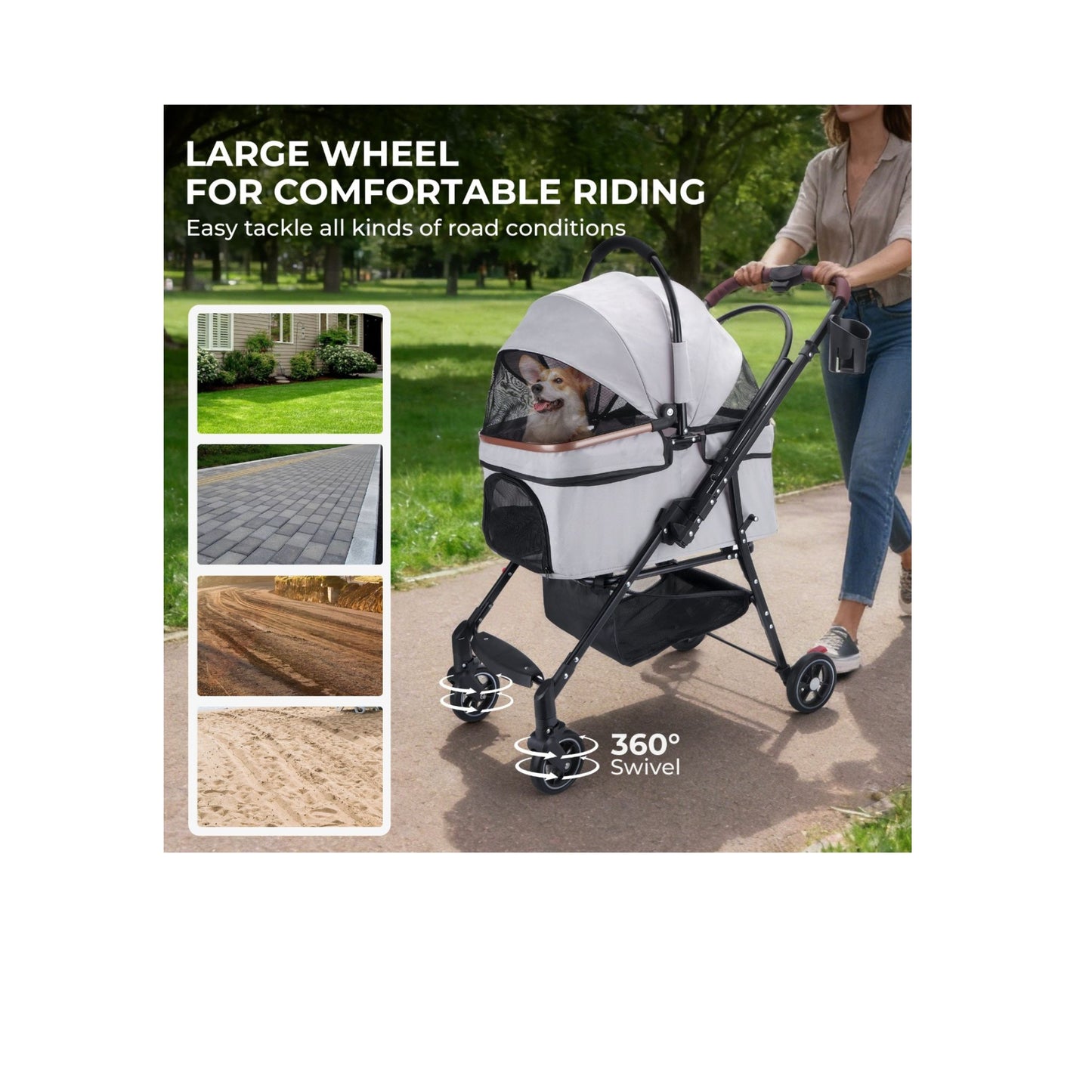 Pet stroller with large wheel feature, suitable for various road conditions, being pushed by a person.