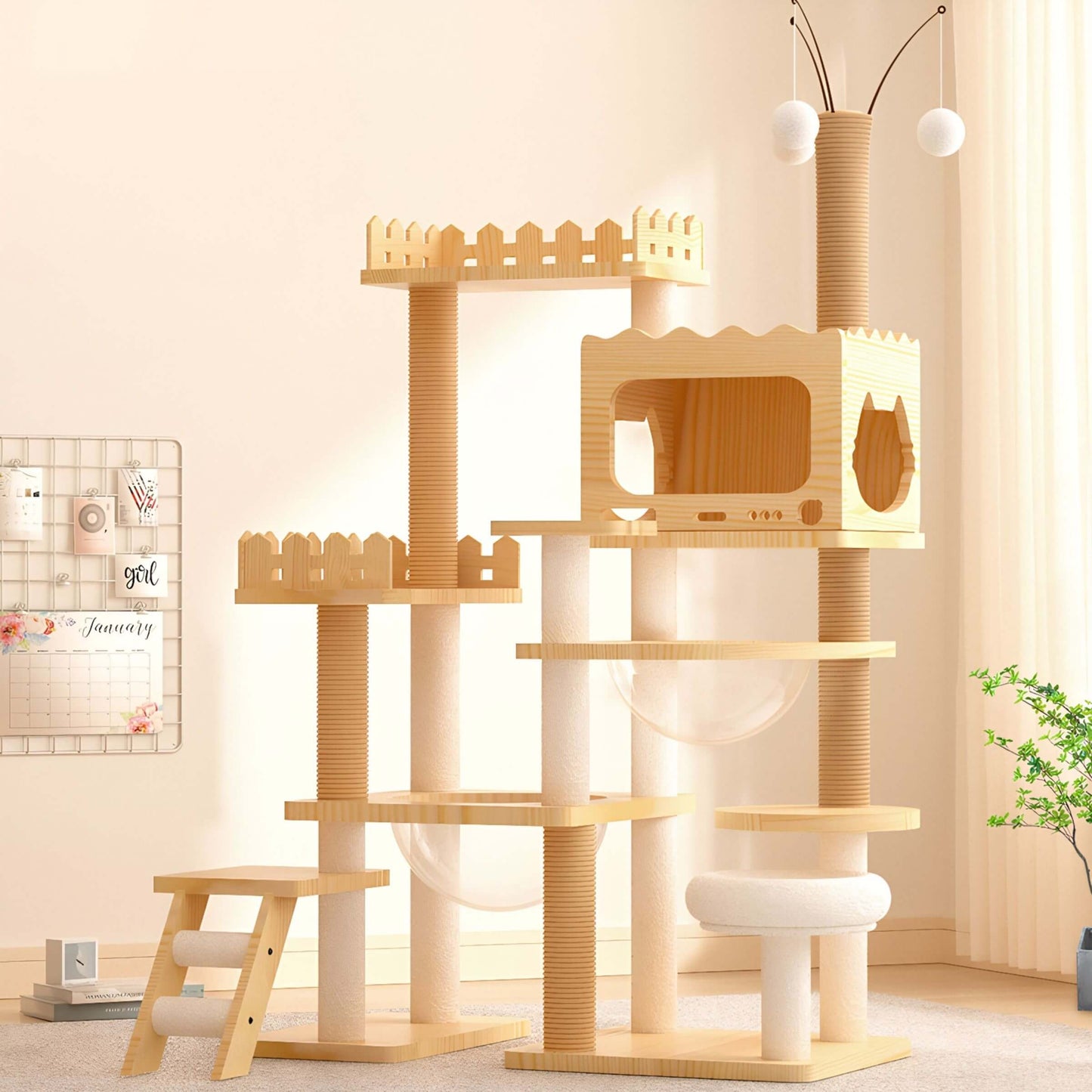 Wooden cat tree with multiple levels and perches in a room setting.