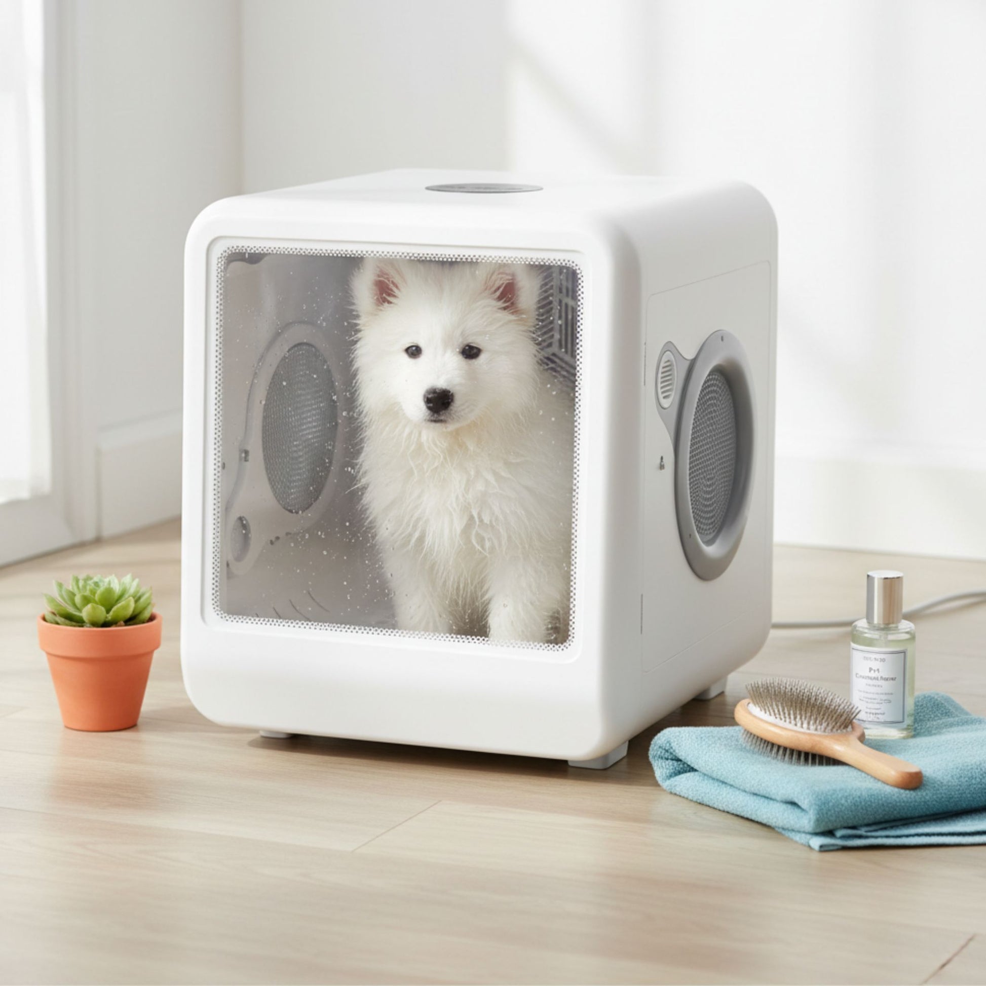 White pet carrier with a white dog inside, on a light wooden floor with a plant and towel in the background.