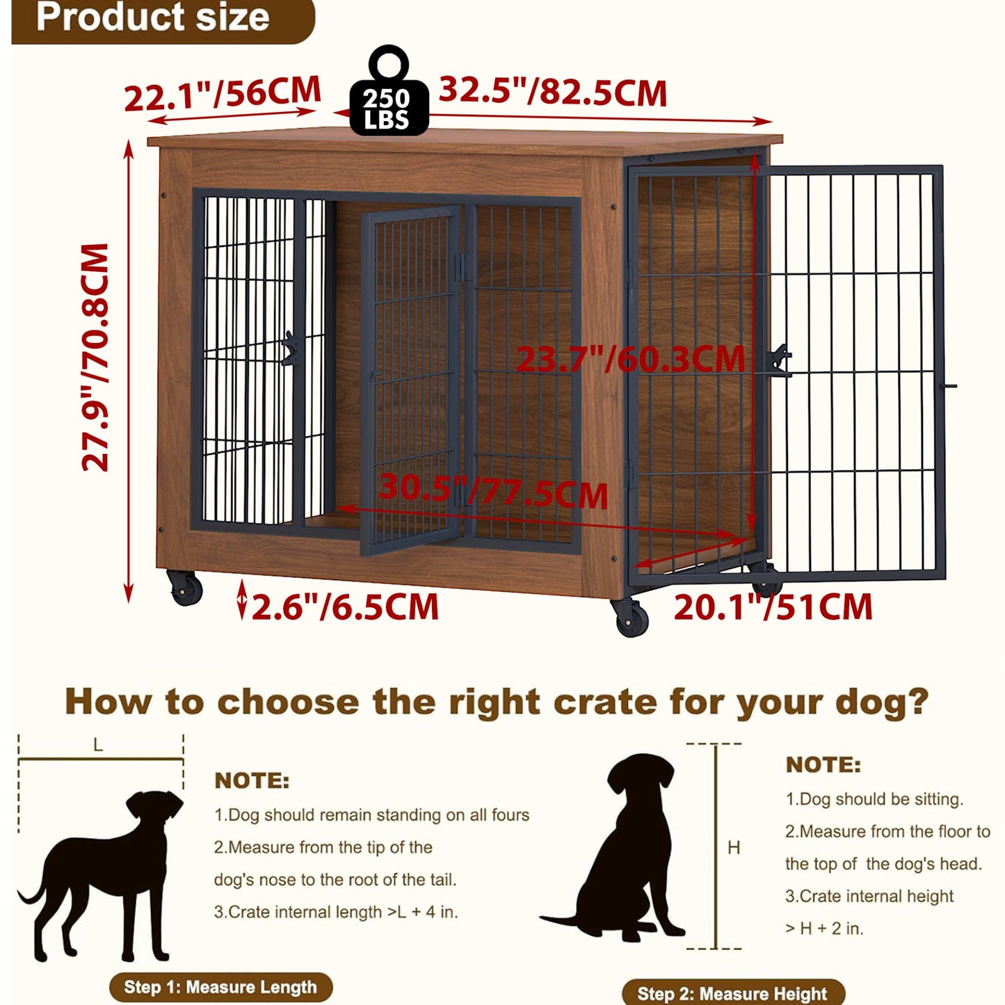 Dog Crate Furniture with Wheels - Heavy Duty 3 Sizes for Medium to Large Dogs