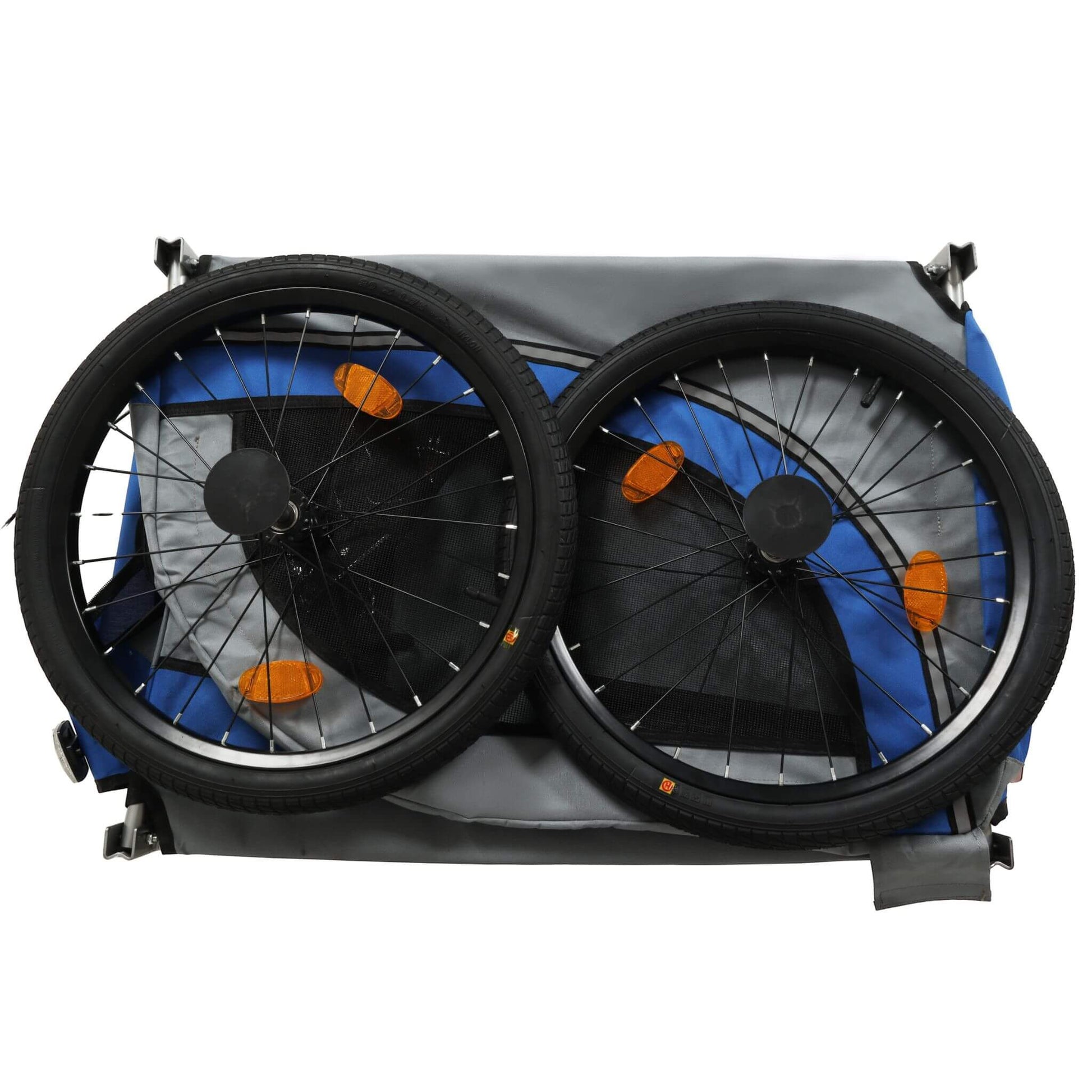 Two bicycle wheels with blue rims and black tires on a white background