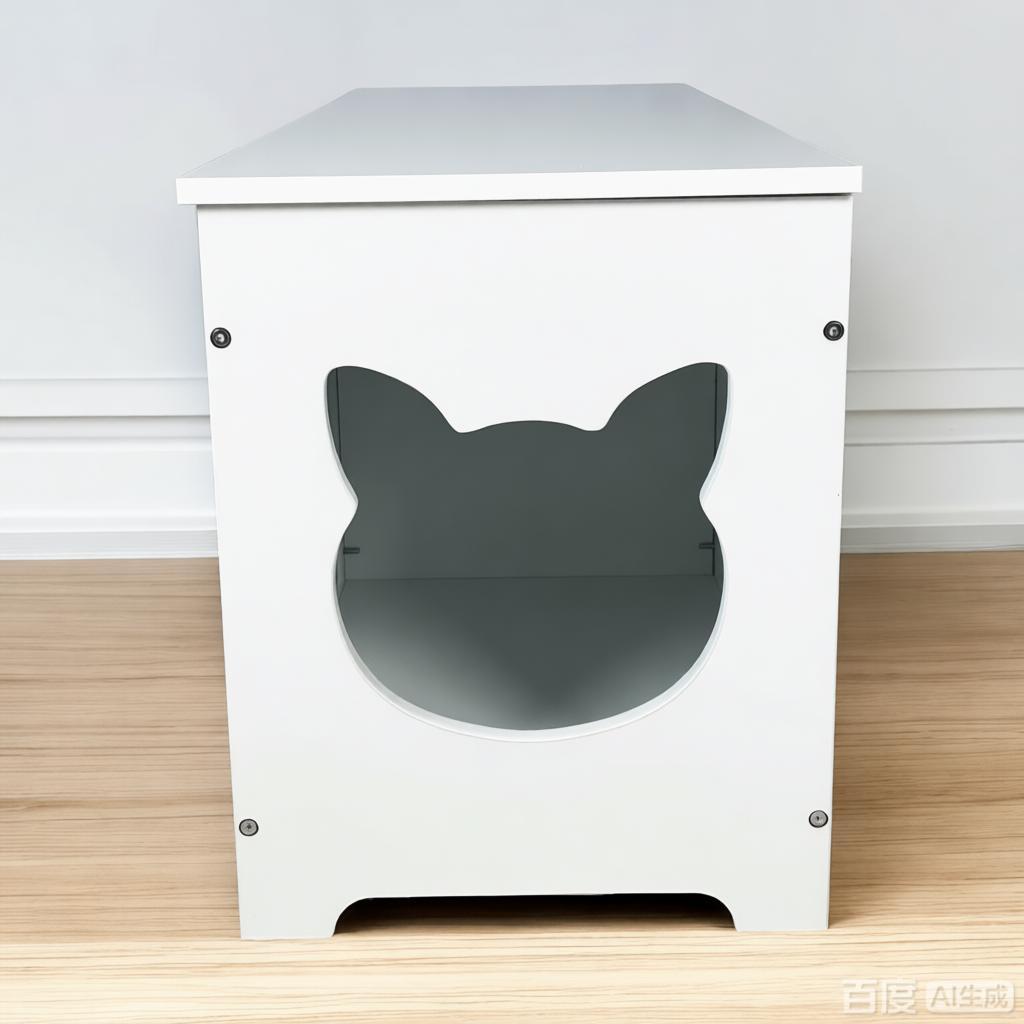 Interior detail of cream white cat litter enclosure showing spacious cabinet construction

