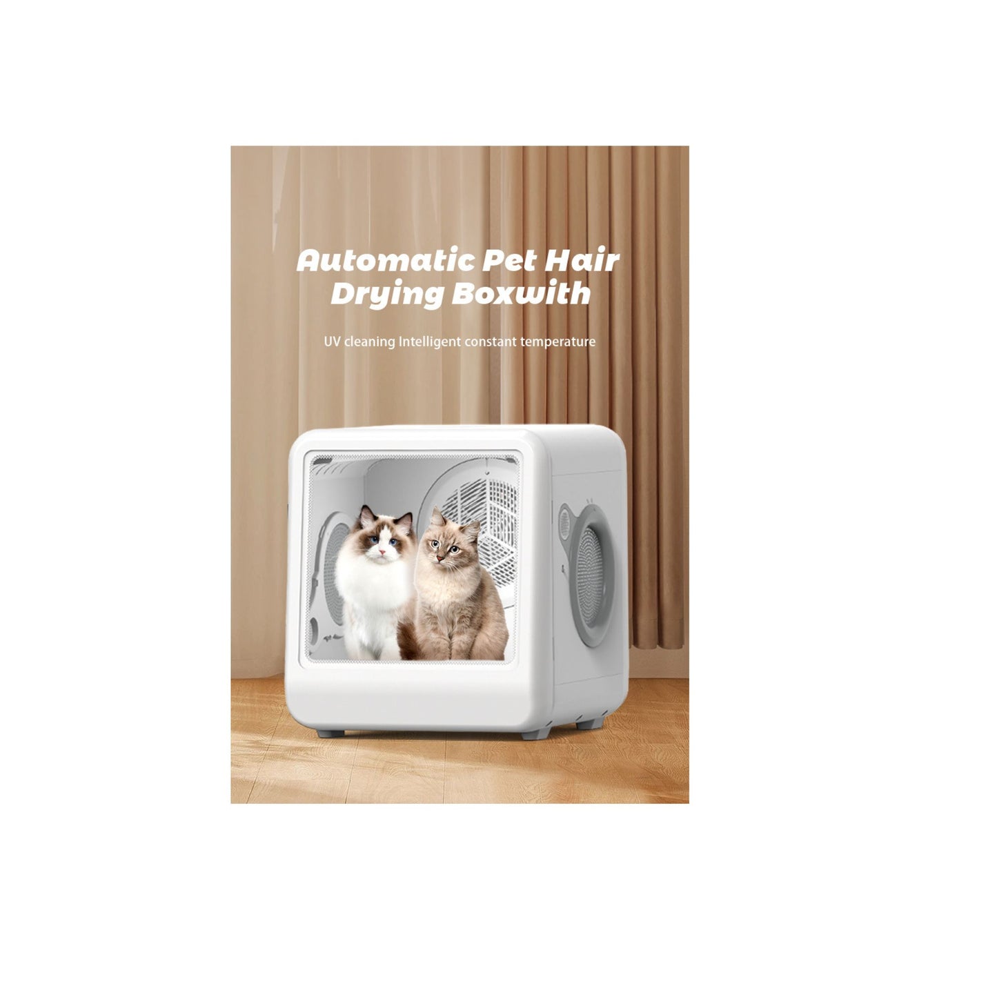 Automatic pet hair drying box with two cats inside on a wooden floor.