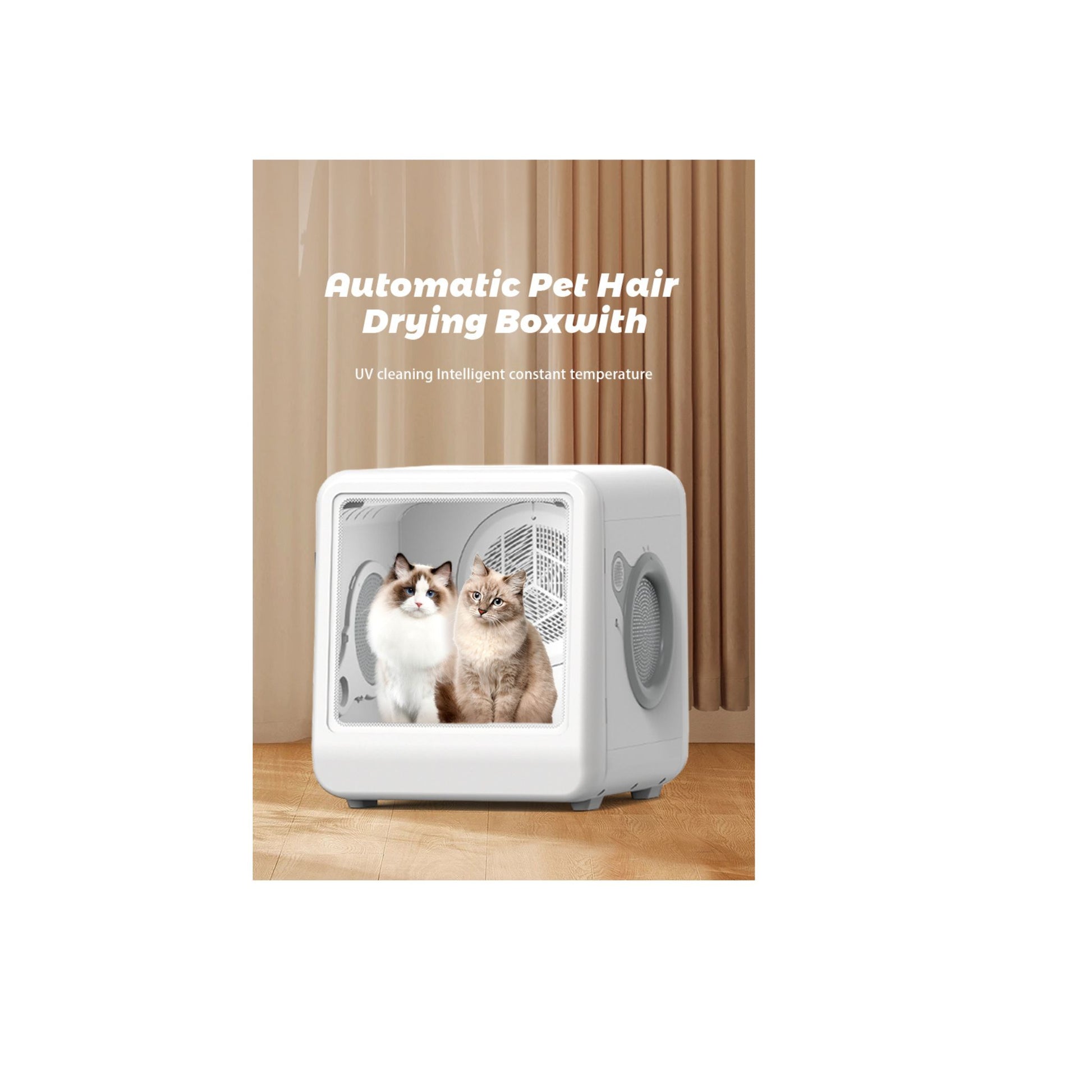 Automatic pet hair drying box with two cats inside on a wooden floor.