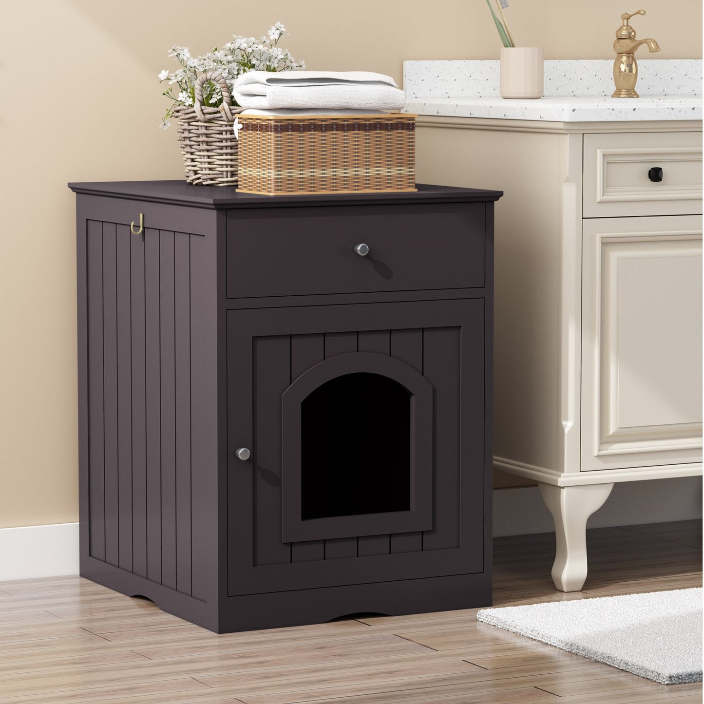 Wooden Cat Litter Box Enclosure for Large Cats - Brown Hidden Cabinet with Storage Drawer