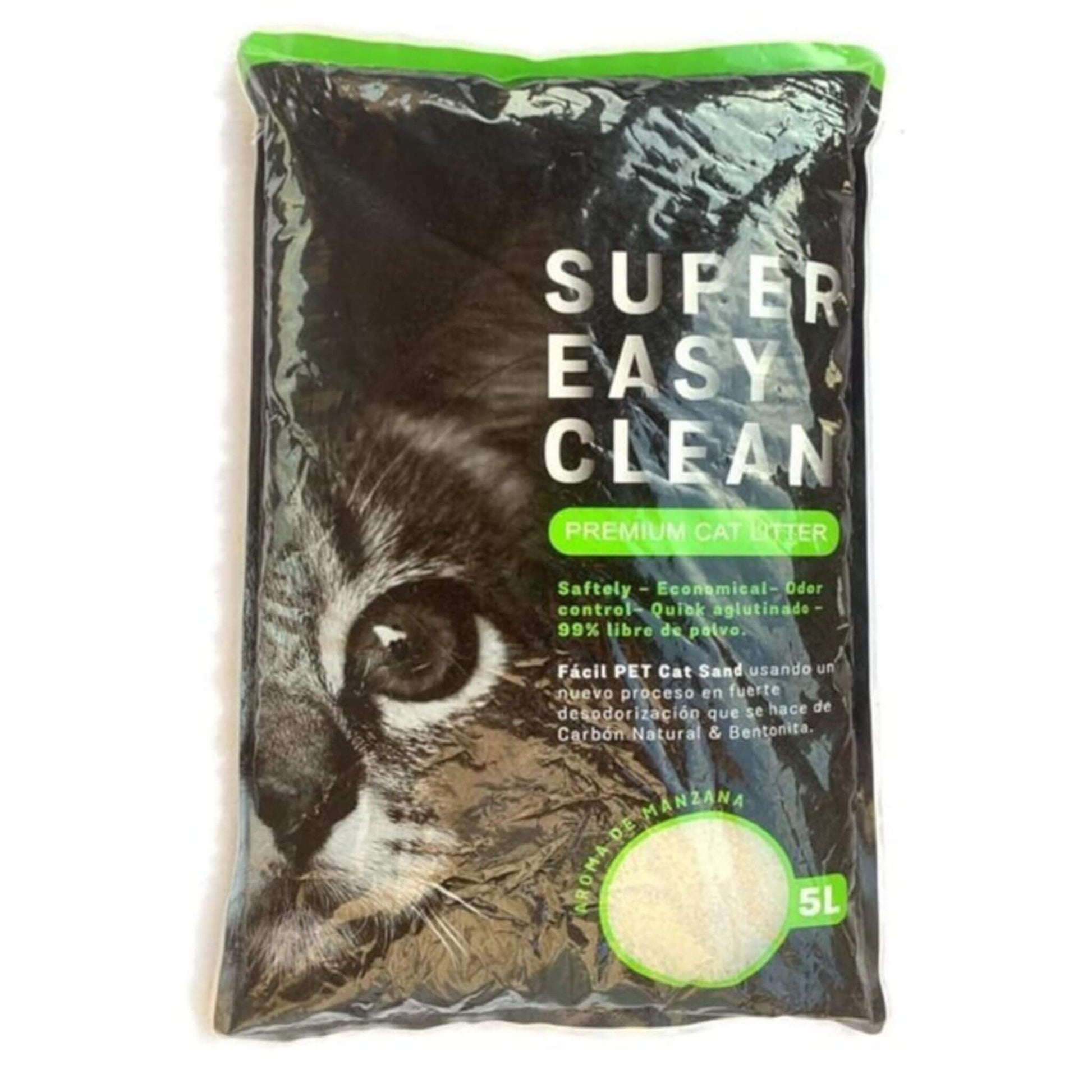 Bag of cat litter with a cat's face on the packaging and text 'Super Easy Clean' on a white background.