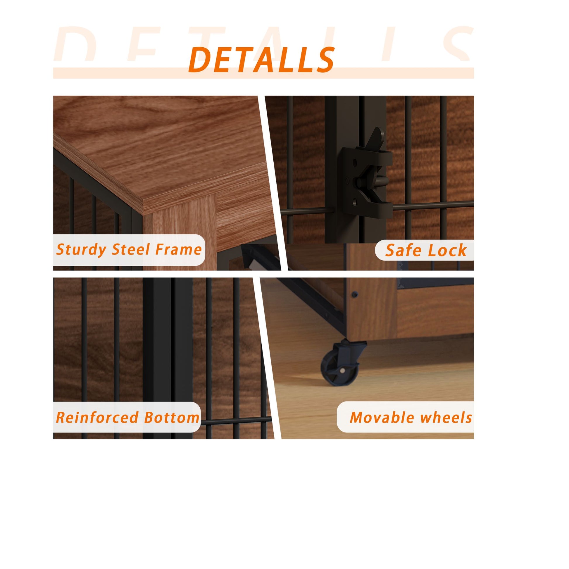 Product details including sturdy steel frame, safe lock, reinforced bottom, and movable wheels on a white background.