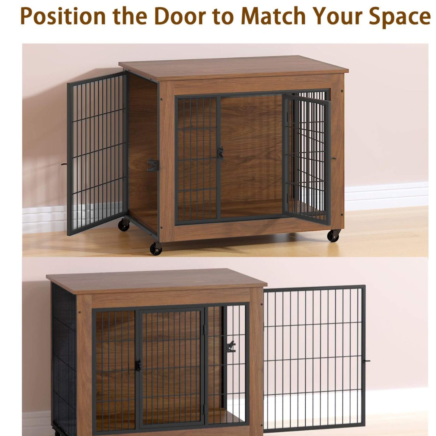 Wooden pet crate with wire doors on a light wood floor.