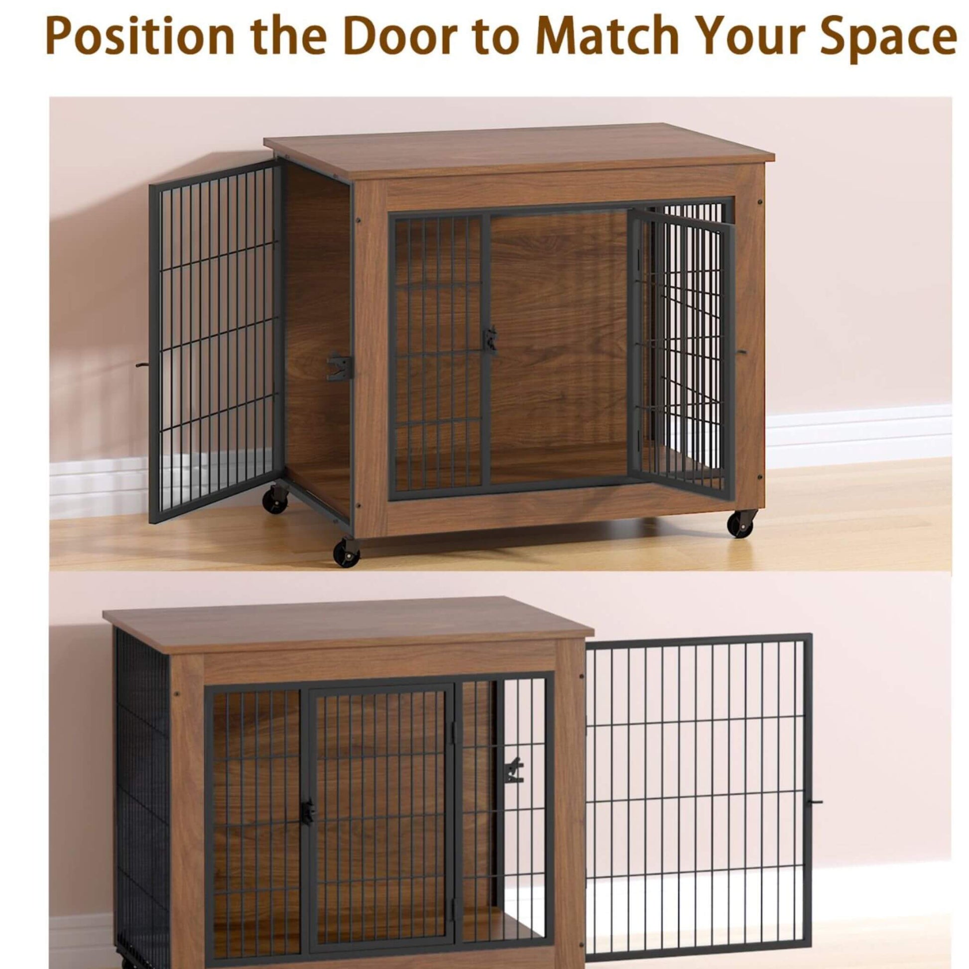 Wooden pet crate with wire doors on a light wood floor.