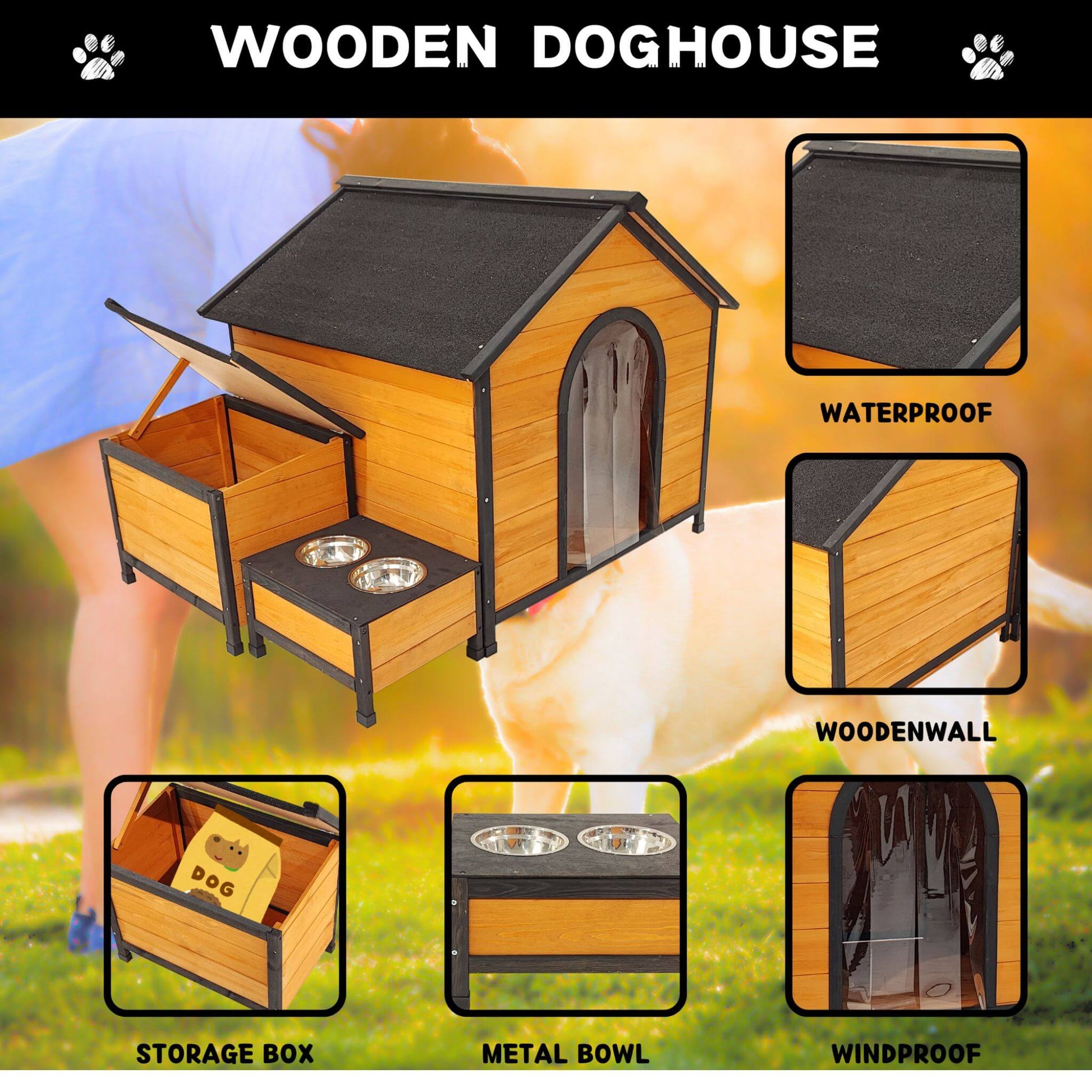 Wooden doghouse with features highlighted on a grassy background