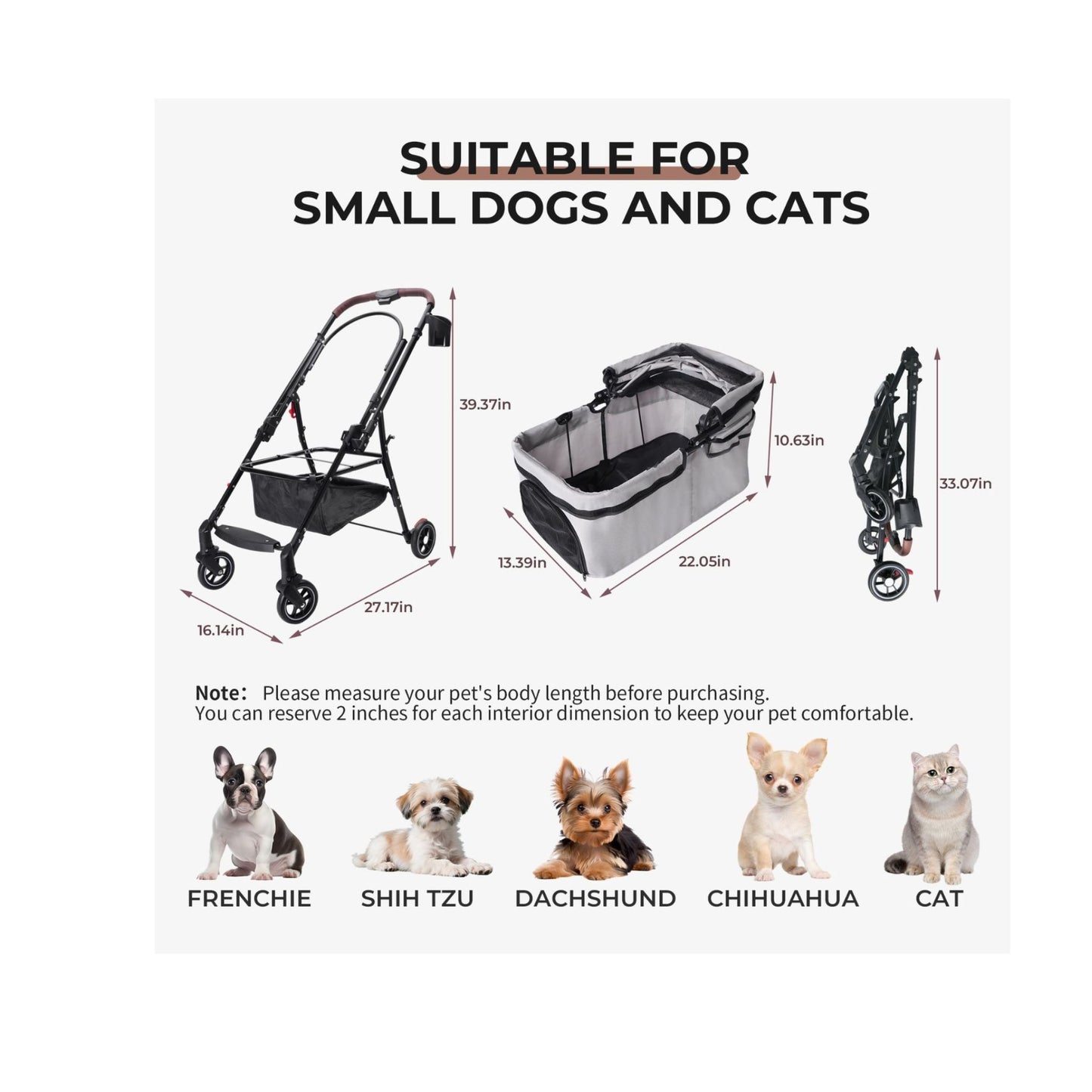 4-Wheel Foldable Pet Stroller for Small Dogs & Cats - 360° Wheels & Detachable Carrier