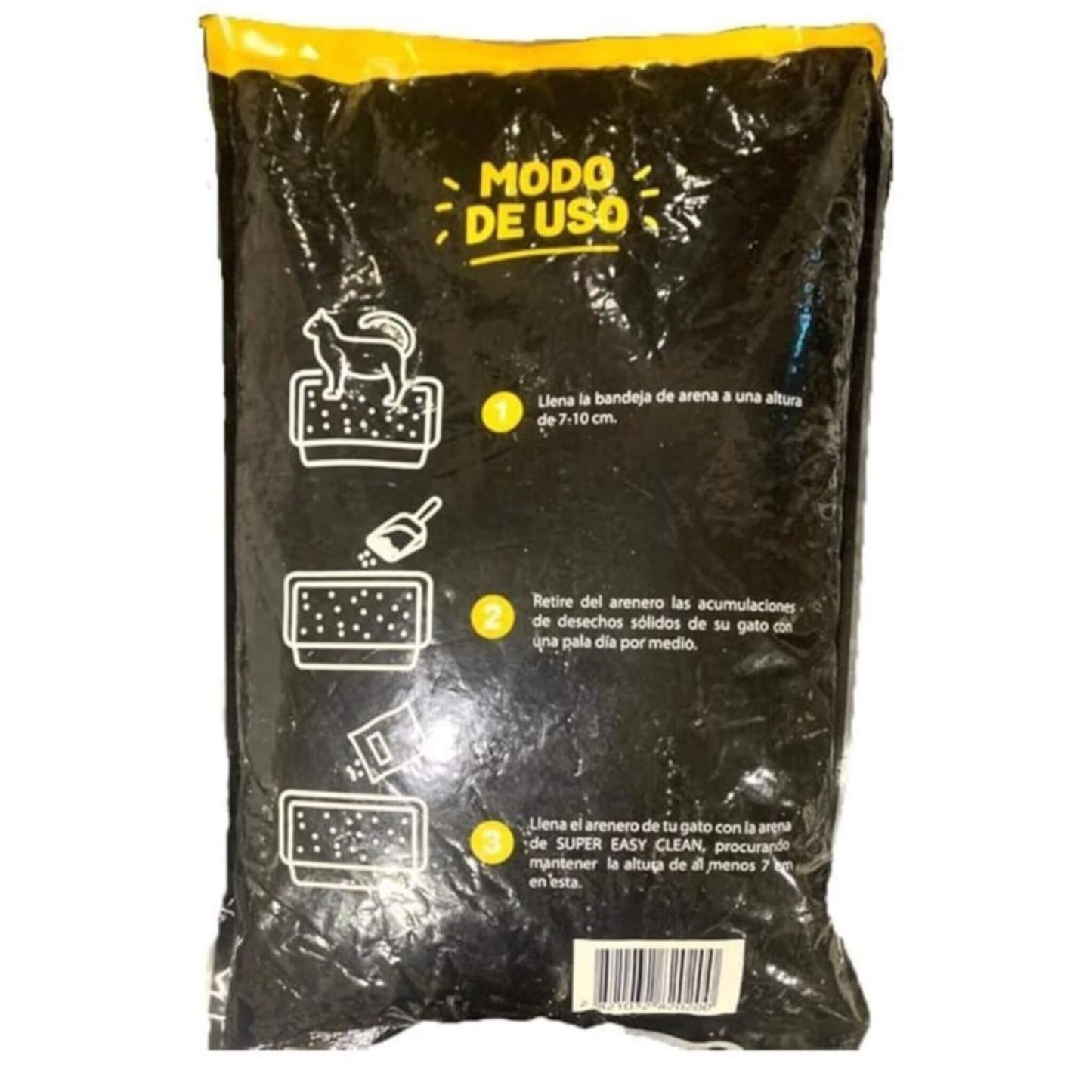 Black bag of pet litter with yellow and white text and graphics on a white background