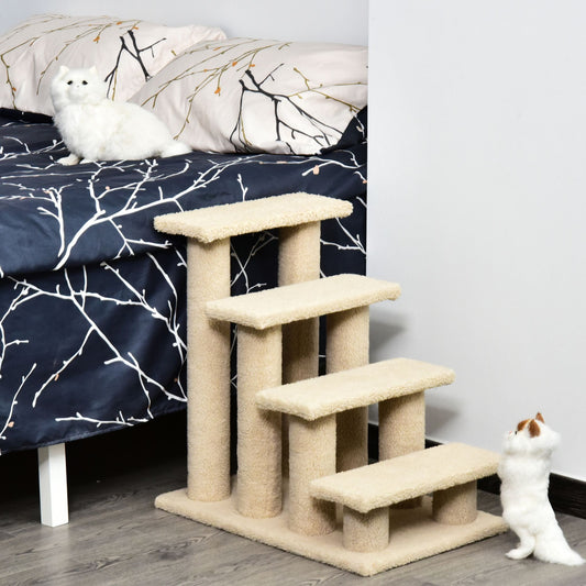 PawHut 25" Cat Scratching Post for Senior Cats & Kittens - 4-Step Stairs with Perch Beige